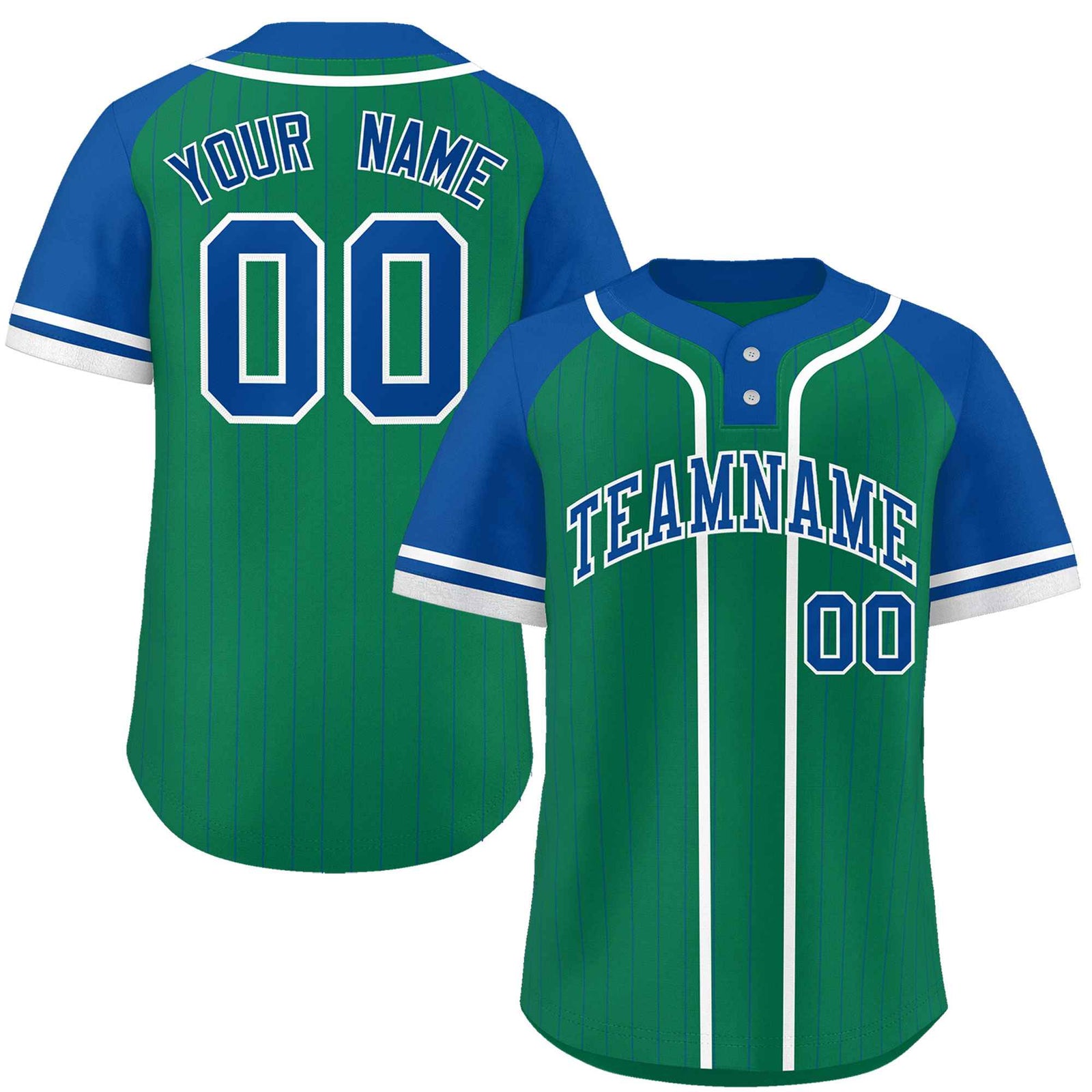 Custom Kelly Green Royal-White Stripe Fashion Raglan Sleeves Authentic Two-Button Softball Jersey