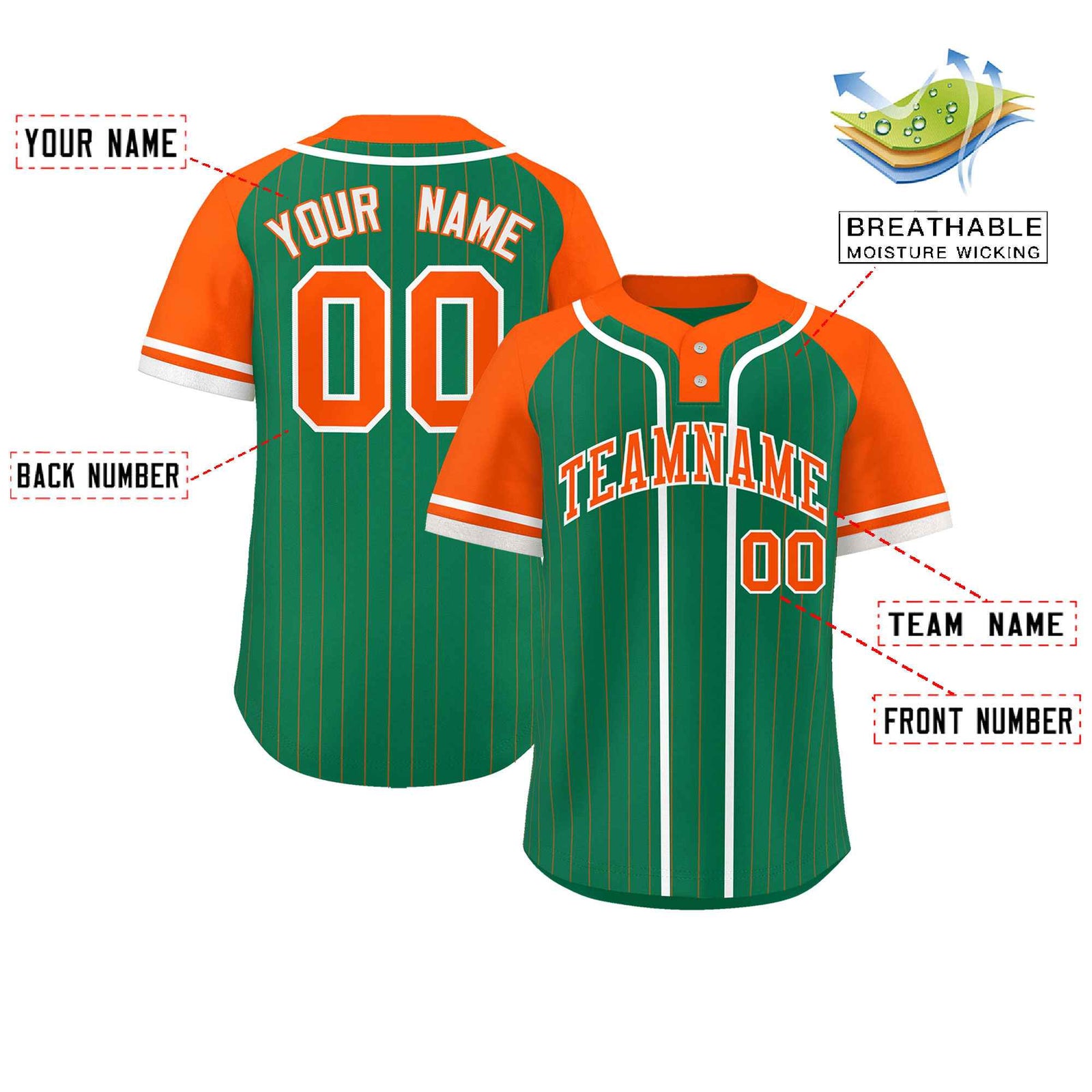 Custom Kelly Green Orange-White Stripe Fashion Raglan Sleeves Authentic Two-Button Softball Jersey