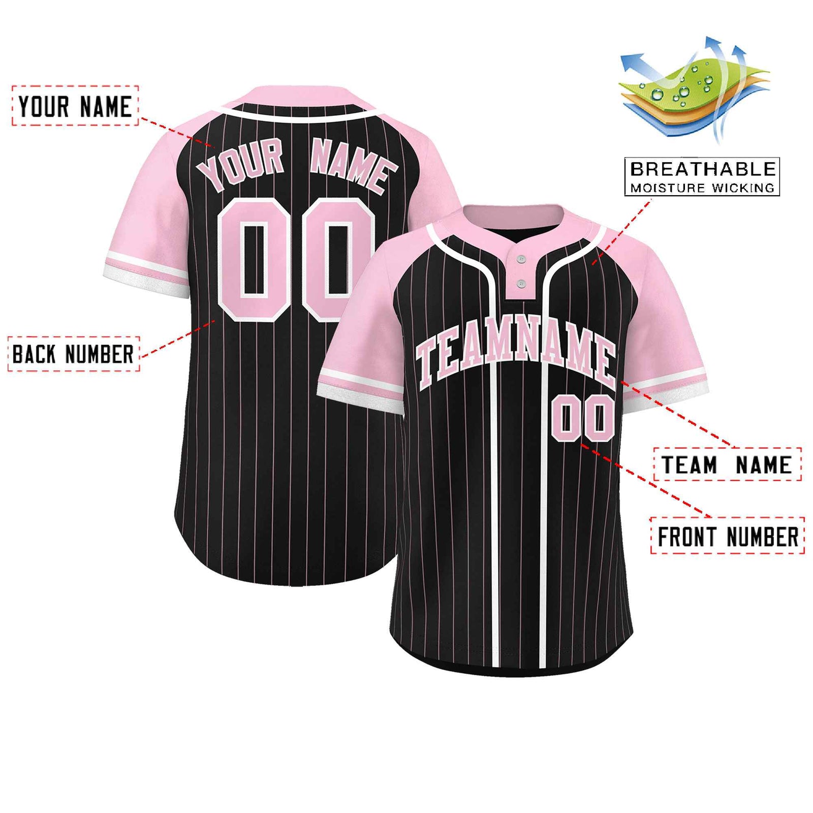 Custom Black Light Pink-White Stripe Fashion Raglan Sleeves Authentic Two-Button Softball Jersey