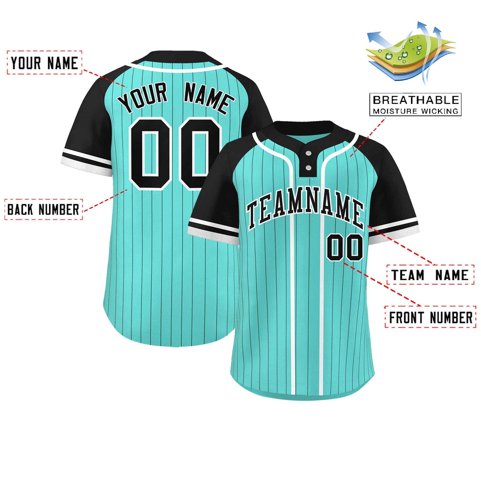 Custom Aqua Black-White Stripe Fashion Raglan Sleeves Authentic Two-Button Softball Jersey