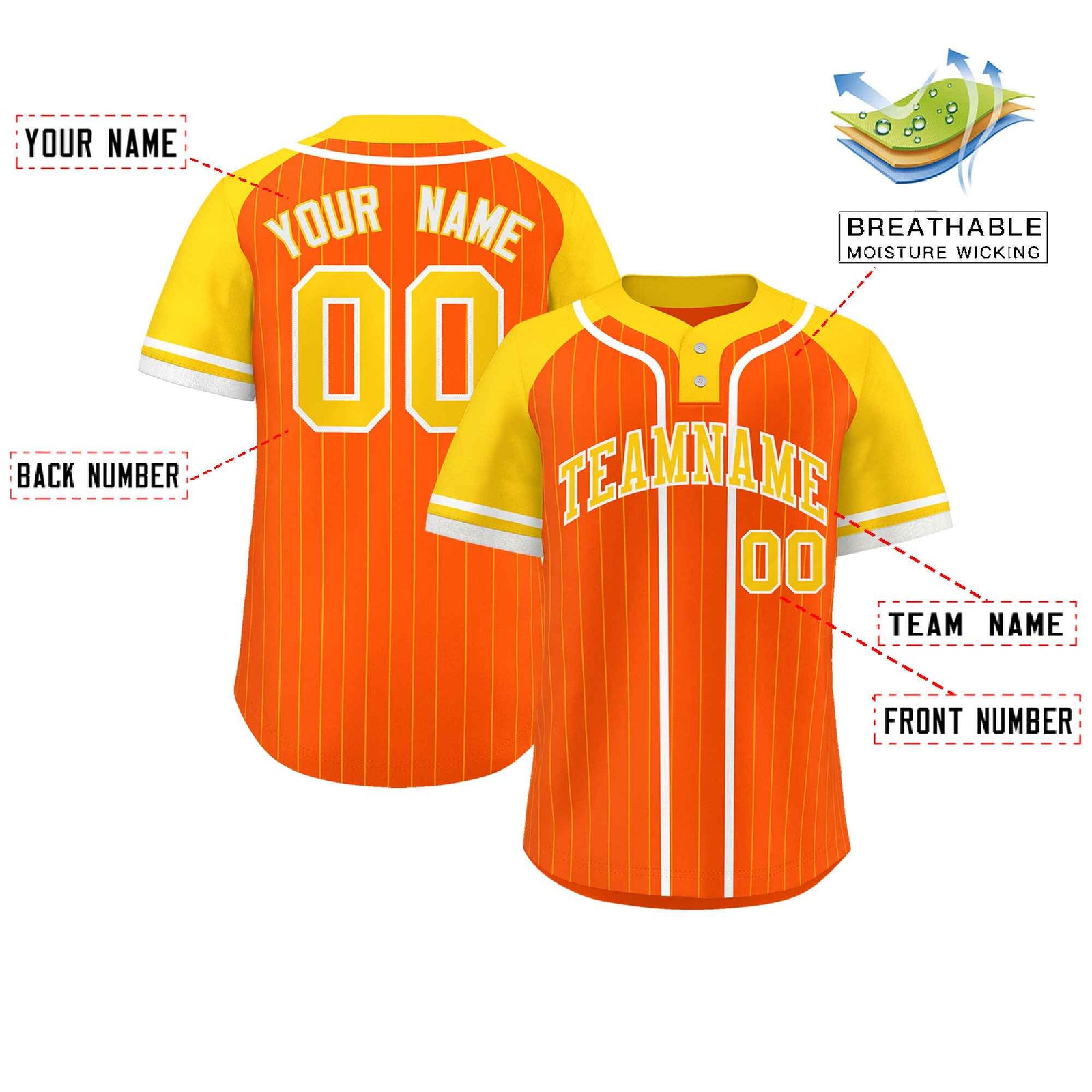 Custom Orange Gold-White Stripe Fashion Raglan Sleeves Authentic Two-Button Softball Jersey