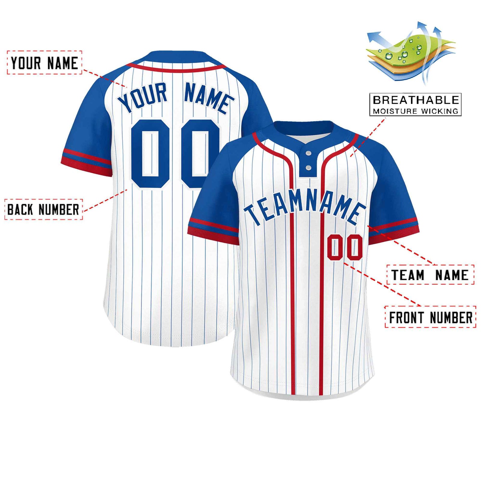 Custom White Royal-Red Stripe Fashion Raglan Sleeves Authentic Two-Button Softball Jersey