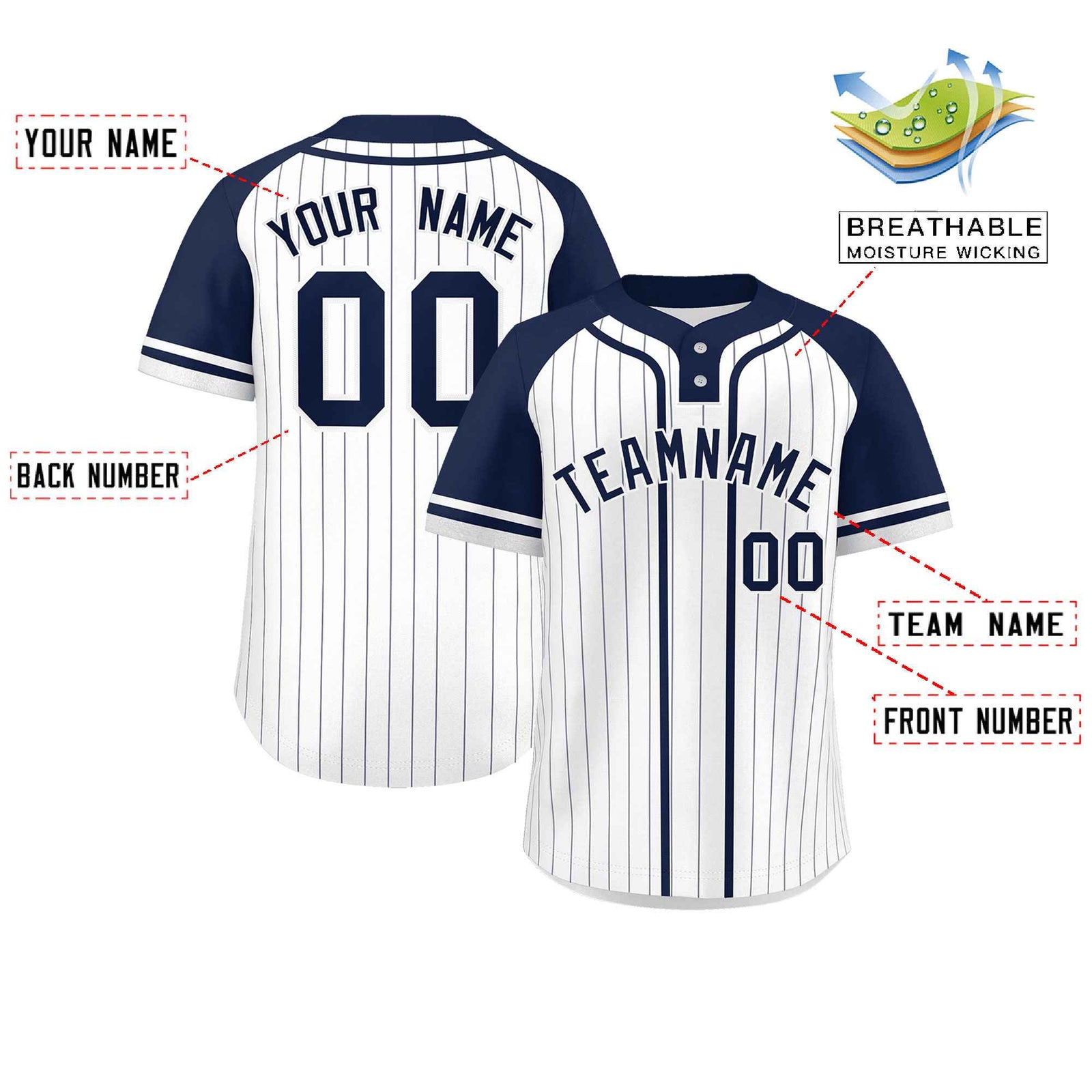 Custom White Navy Stripe Fashion Raglan Sleeves Authentic Two-Button Softball Jersey
