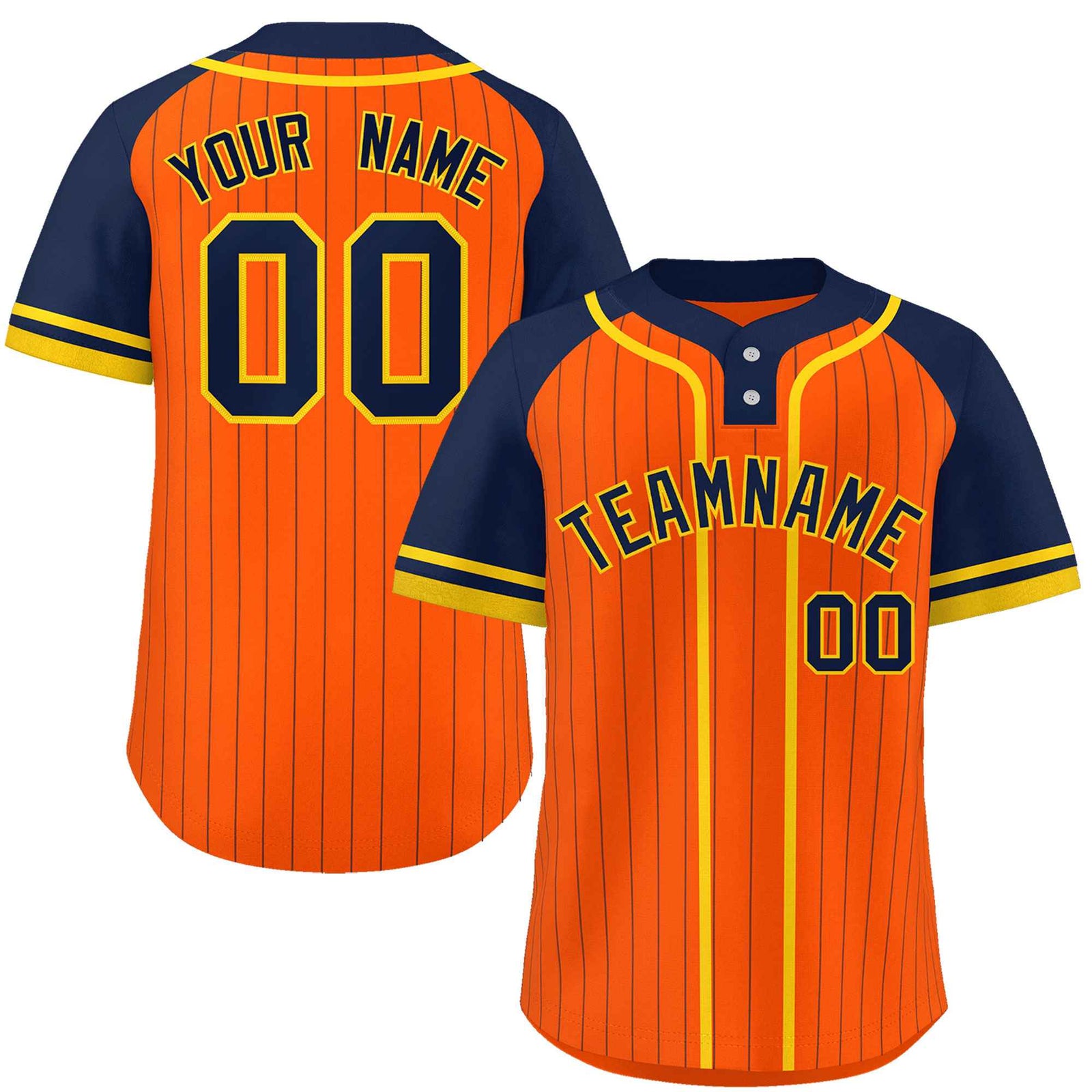 Custom Orange Navy-Gold Stripe Fashion Raglan Sleeves Authentic Two-Button Softball Jersey