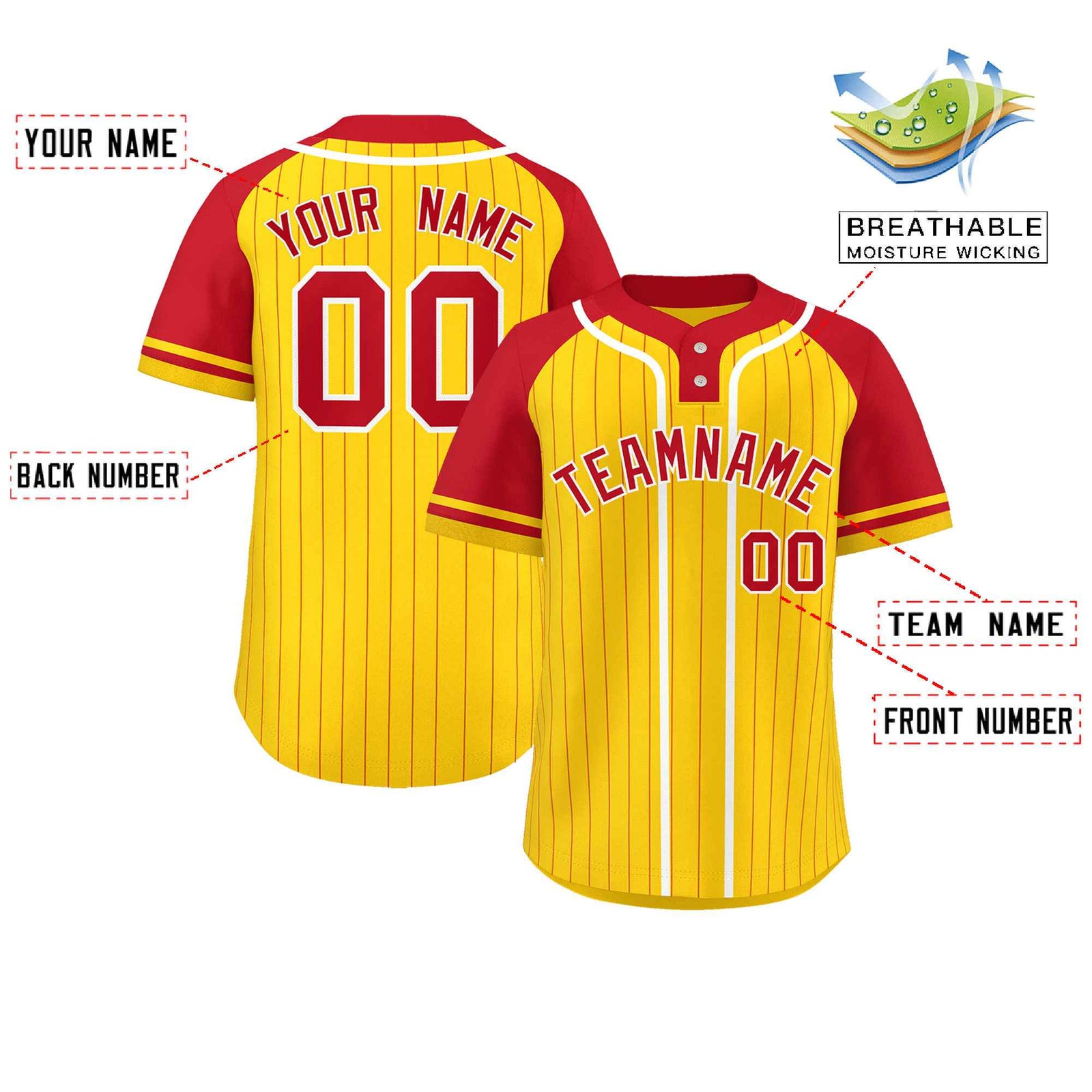 Custom Gold Red-White Stripe Fashion Raglan Sleeves Authentic Two-Button Softball Jersey