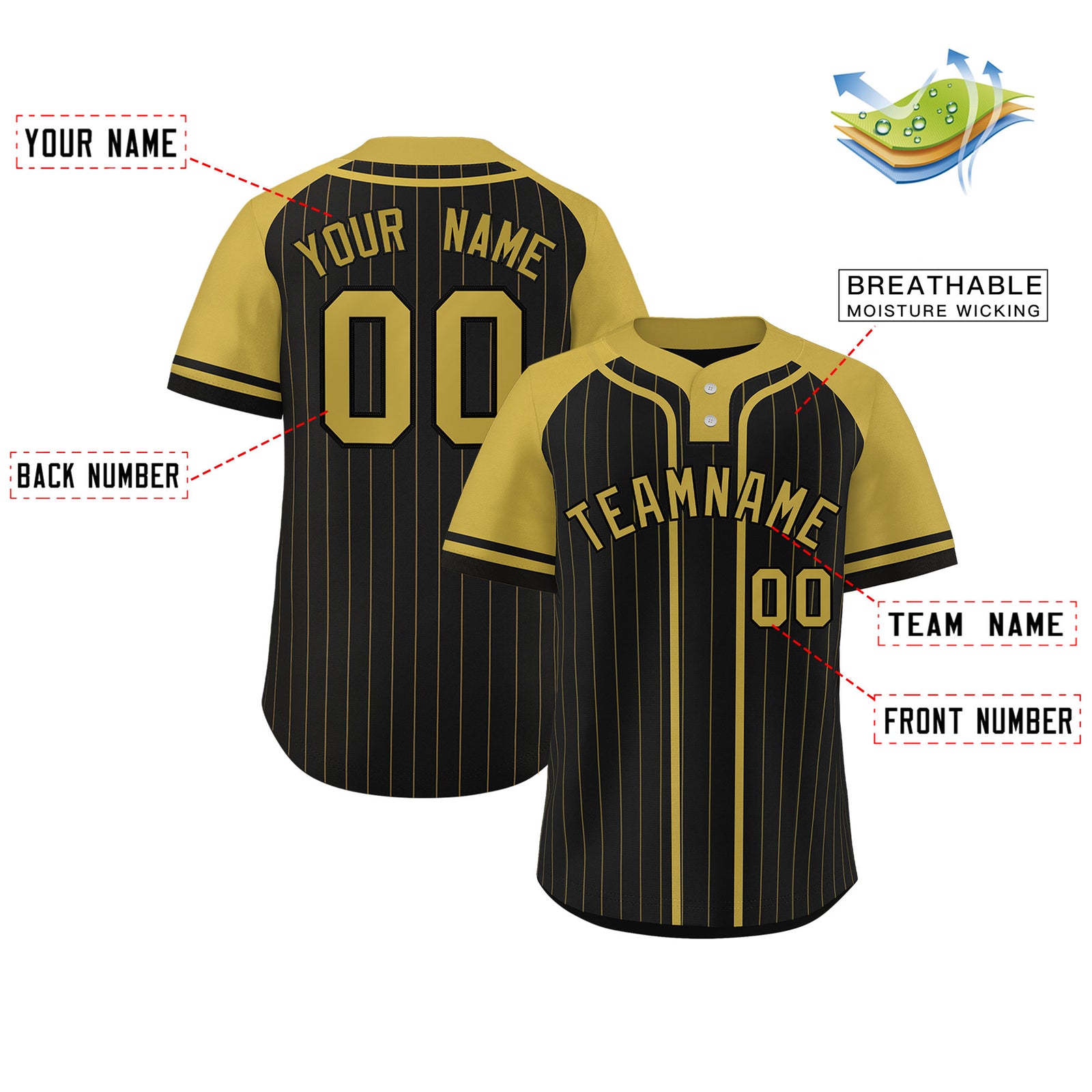 Custom Black Old Gold Stripe Fashion Raglan Sleeves Authentic Two-Button Softball Jersey