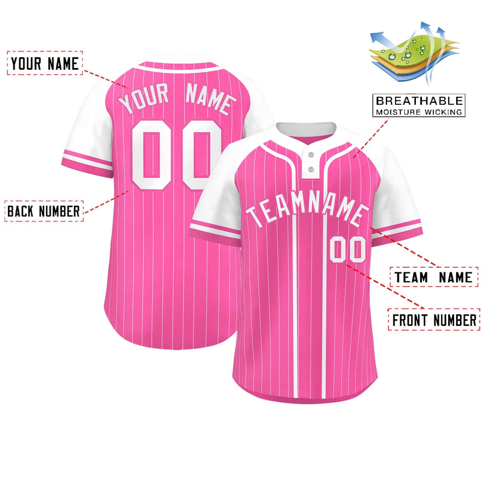 Custom Pink White Stripe Fashion Raglan Sleeves Authentic Two-Button Softball Jersey