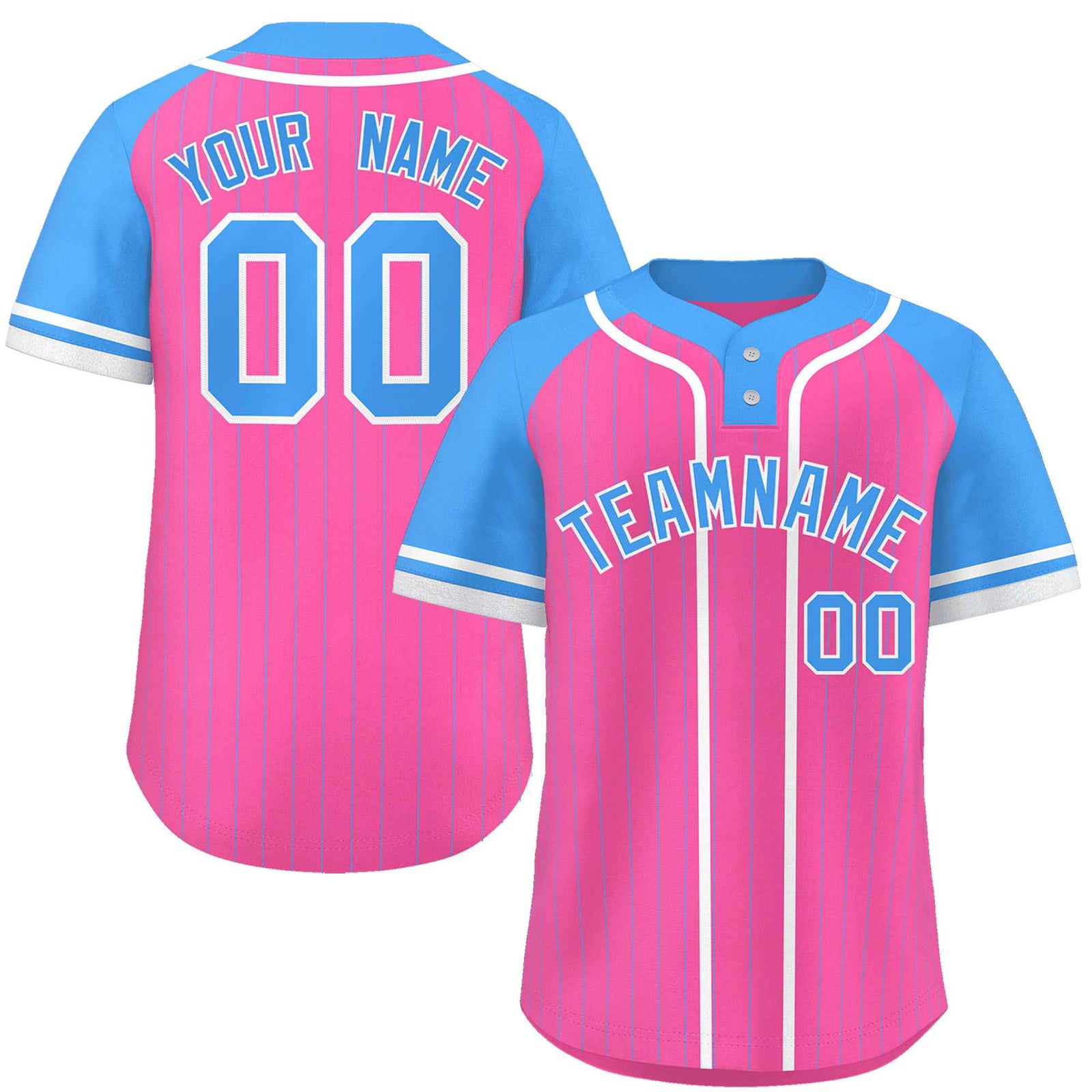 Custom Pink Powder Blue-White Stripe Fashion Raglan Sleeves Authentic Two-Button Softball Jersey