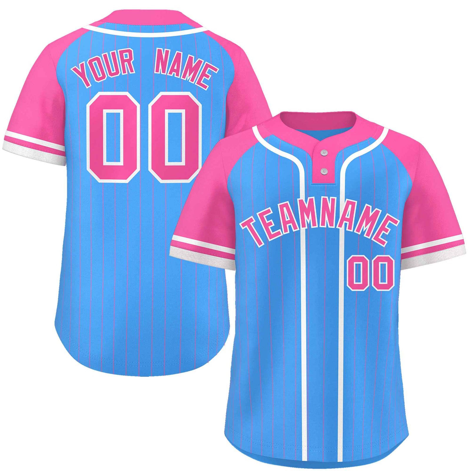 Custom Powder Blue Pink-White Stripe Fashion Raglan Sleeves Authentic Two-Button Softball Jersey