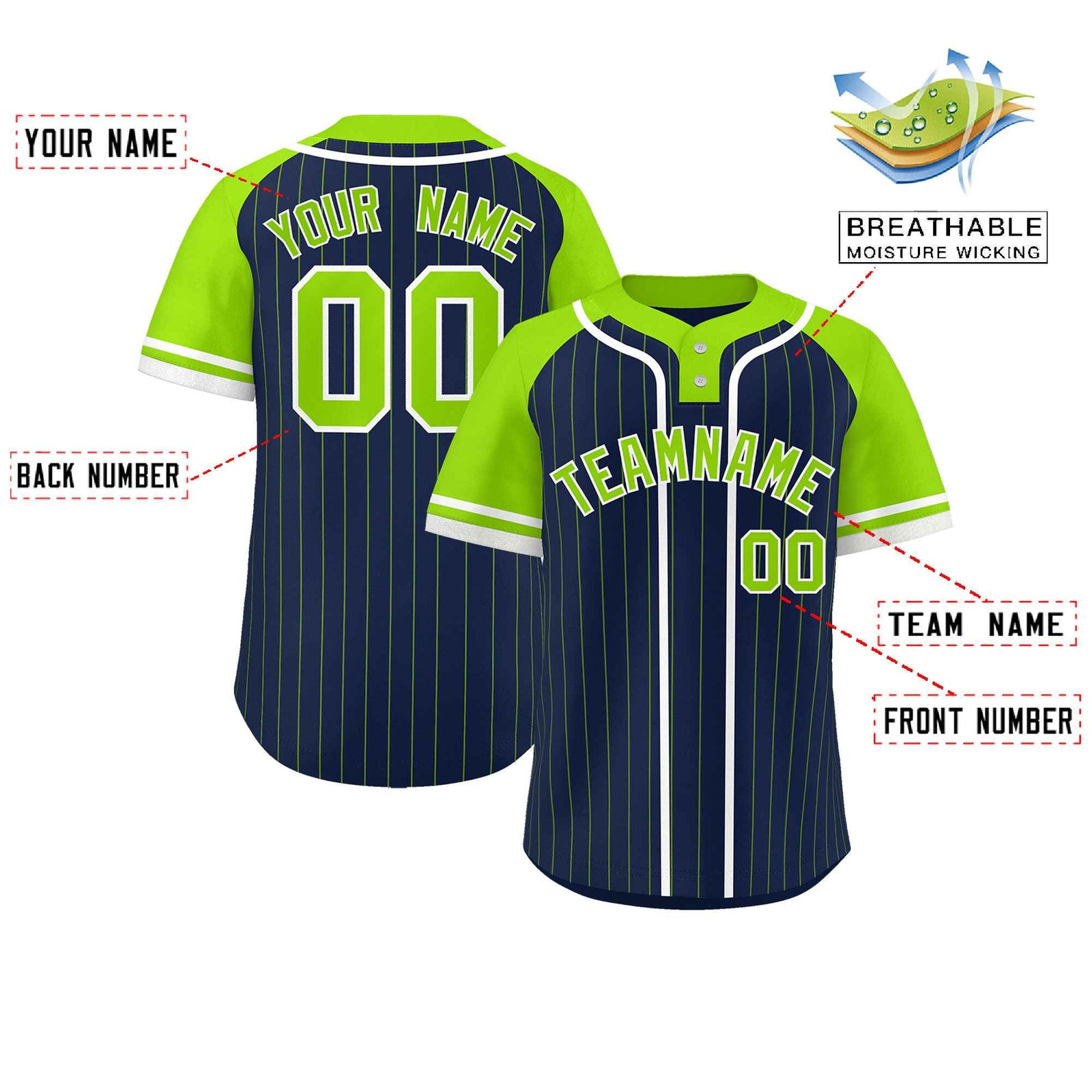 Custom Navy Neon Green-White Stripe Fashion Raglan Sleeves Authentic Two-Button Softball Jersey