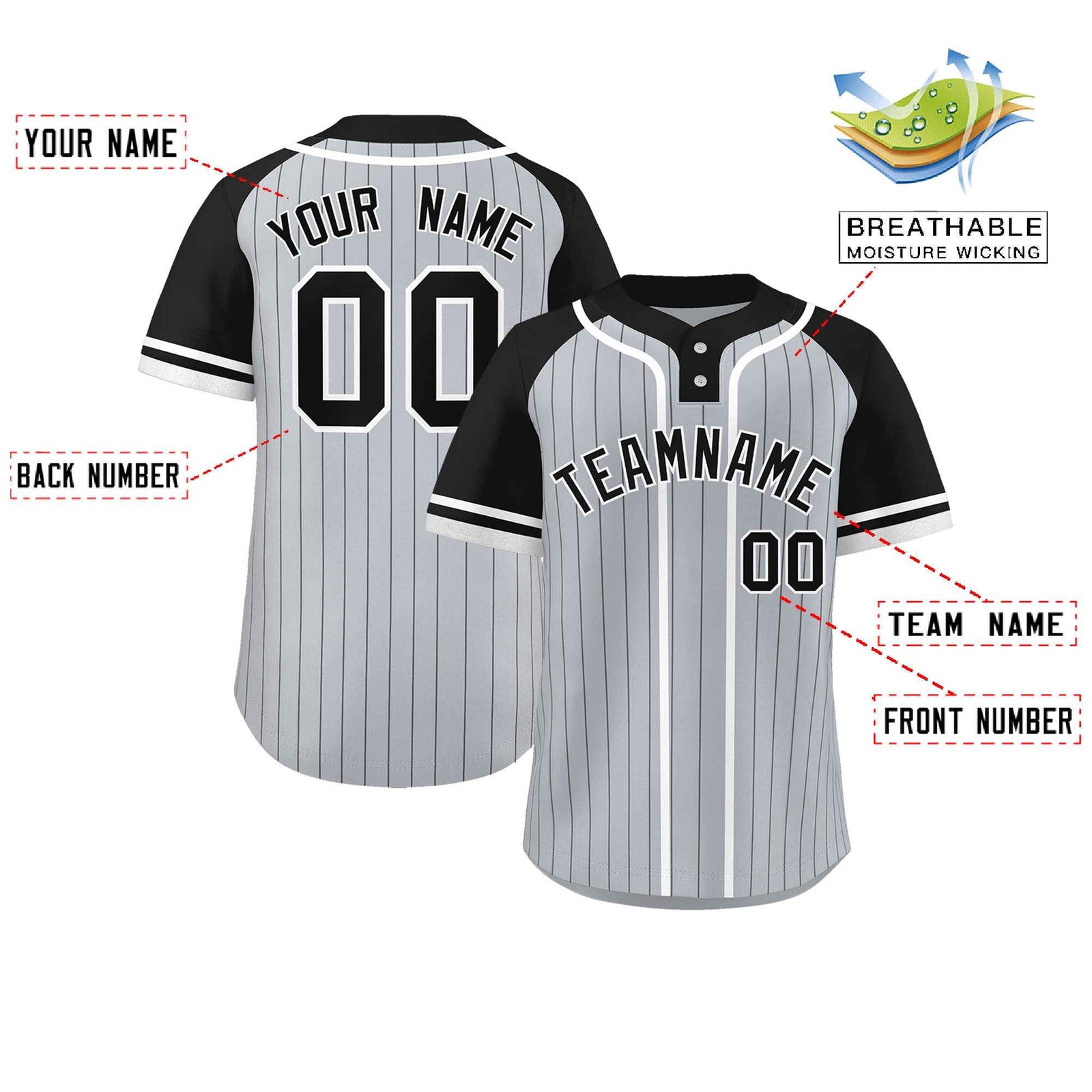 Custom Gray Black-White Stripe Fashion Raglan Sleeves Authentic Two-Button Softball Jersey