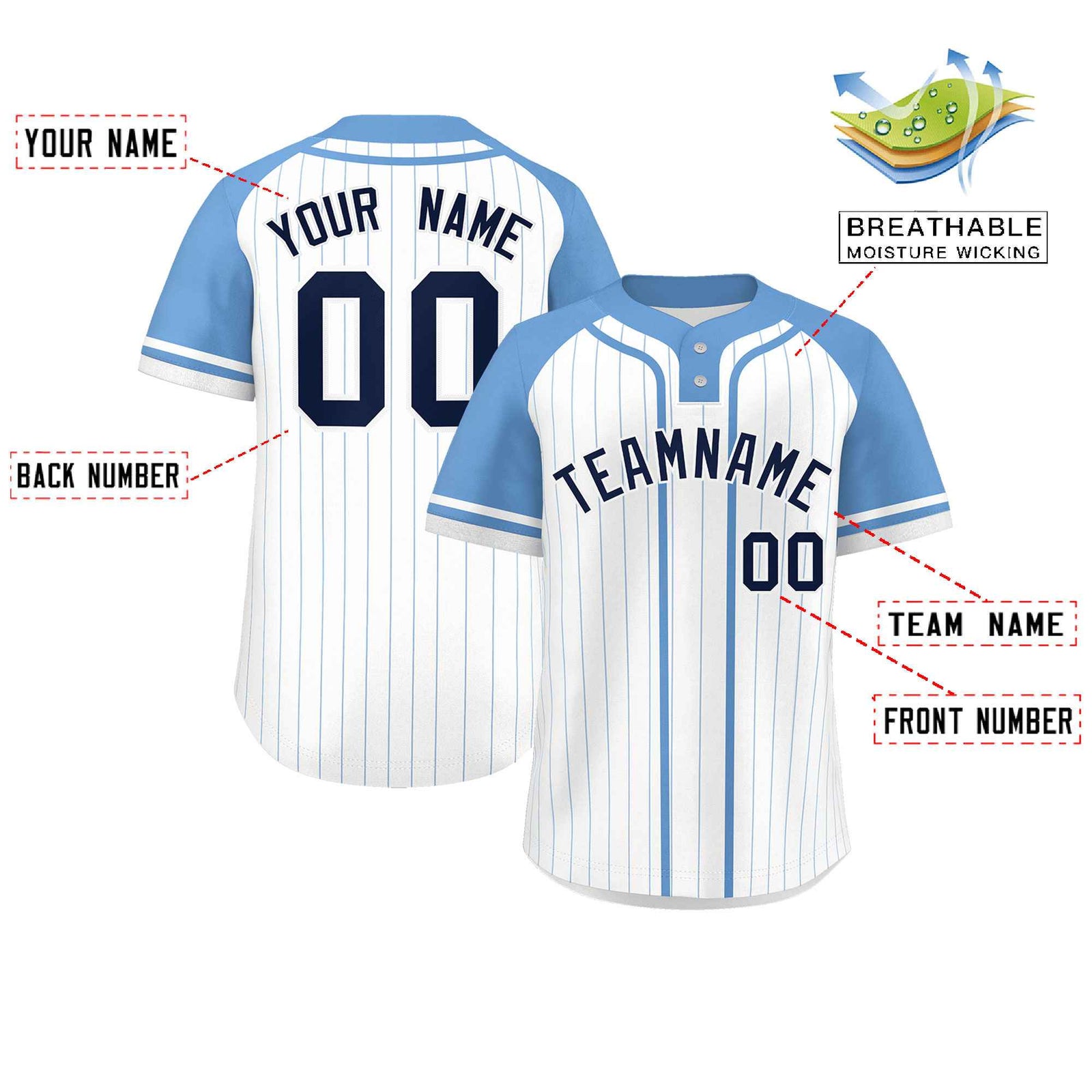 Custom White Light Blue Stripe Fashion Raglan Sleeves Authentic Two-Button Softball Jersey