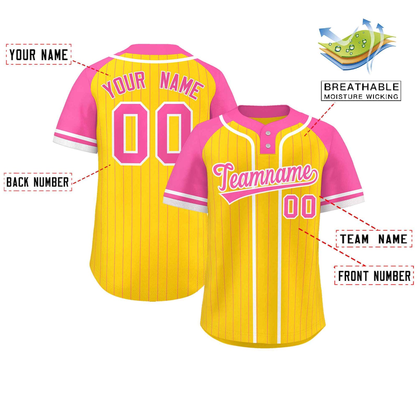 Custom Gold Pink-White Stripe Fashion Raglan Sleeves Authentic Two-Button Softball Jersey