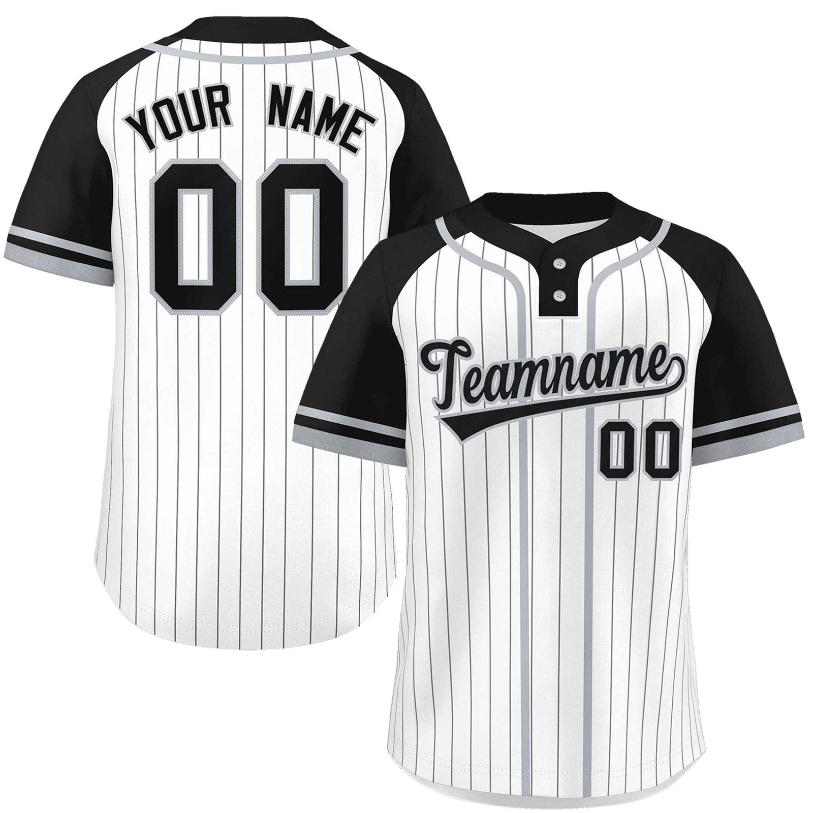 Custom White Black-Gray Stripe Fashion Raglan Sleeves Authentic Two-Button Softball Jersey