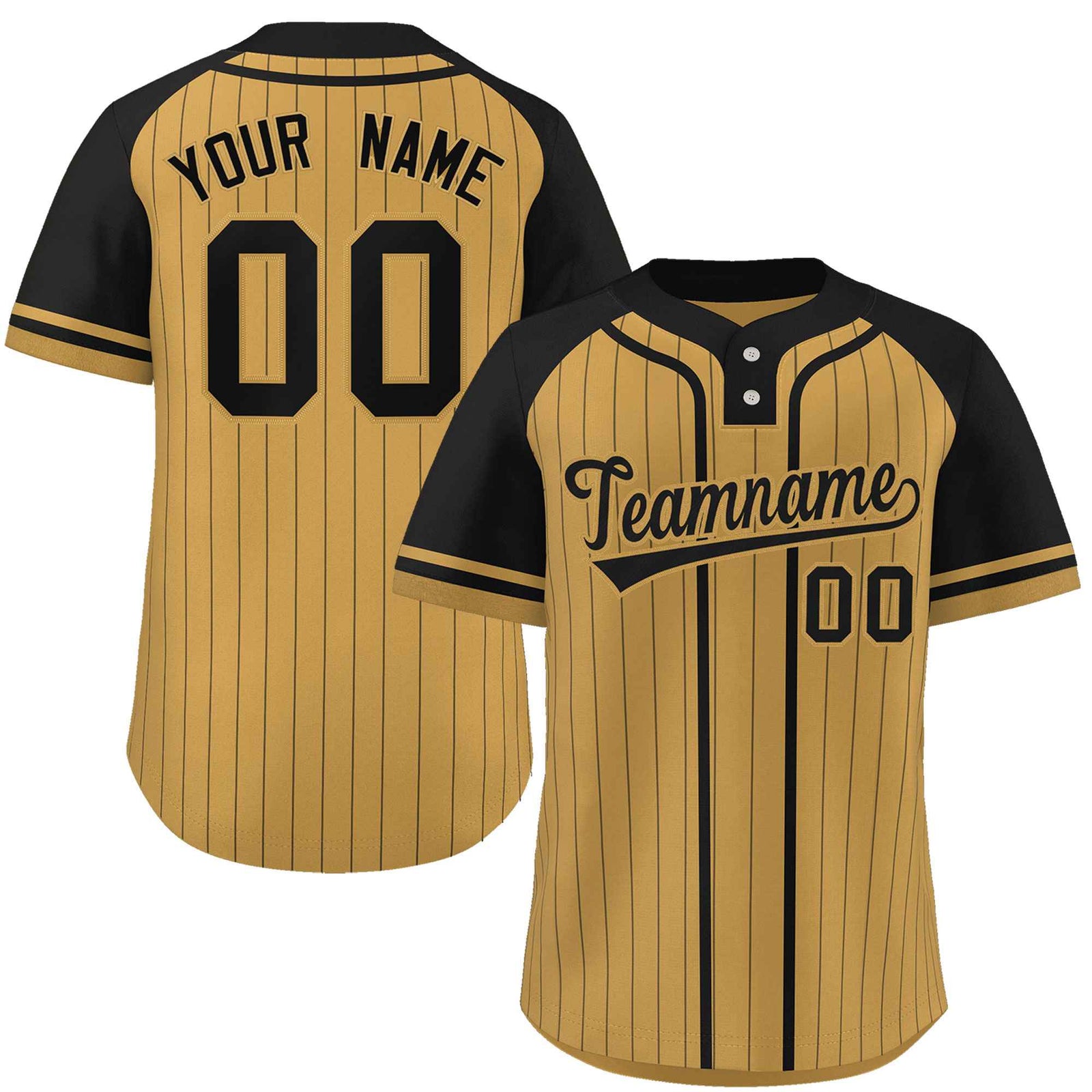 Custom Old Gold Black Stripe Fashion Raglan Sleeves Authentic Two-Button Softball Jersey