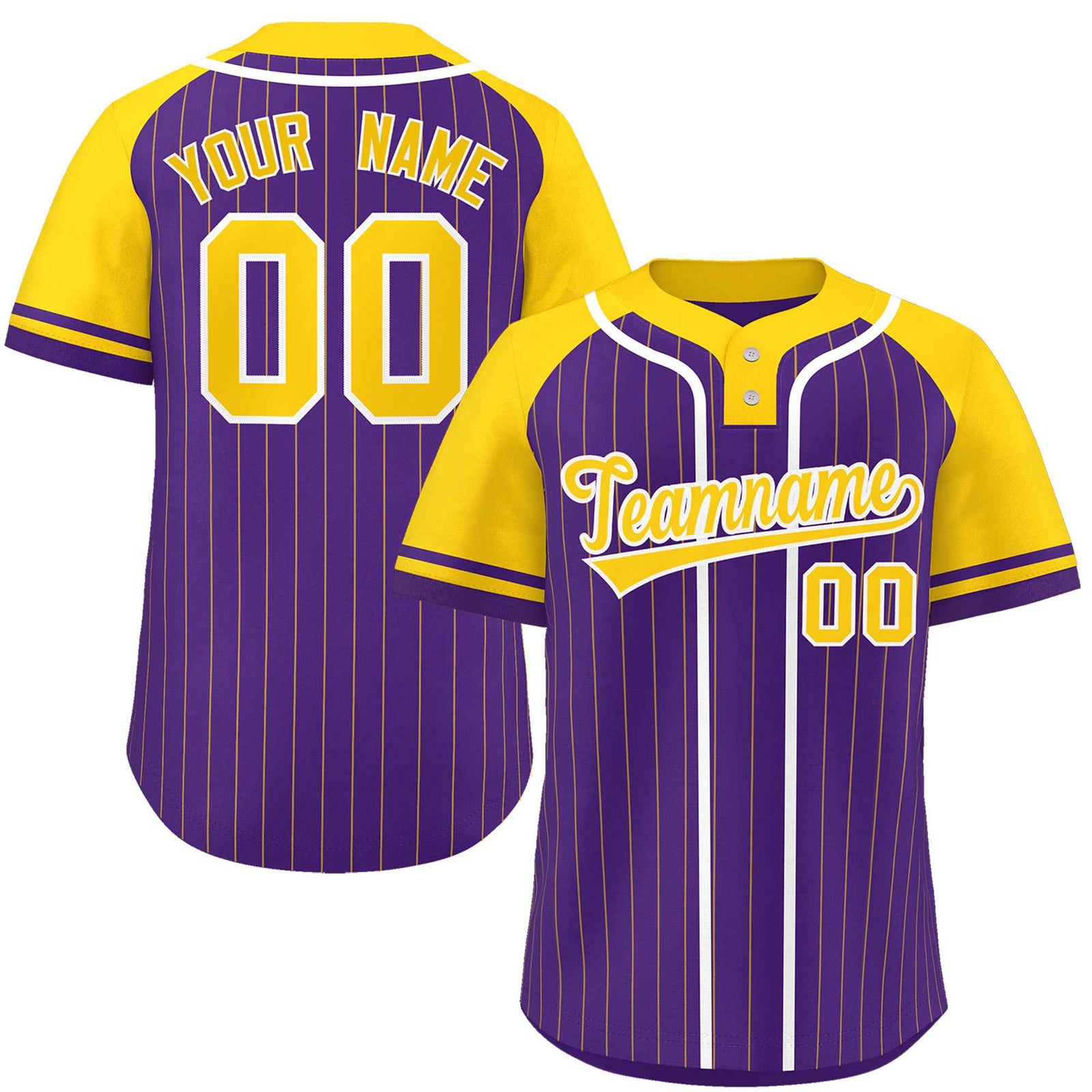 Custom Purple Gold-White Stripe Fashion Raglan Sleeves Authentic Two-Button Softball Jersey