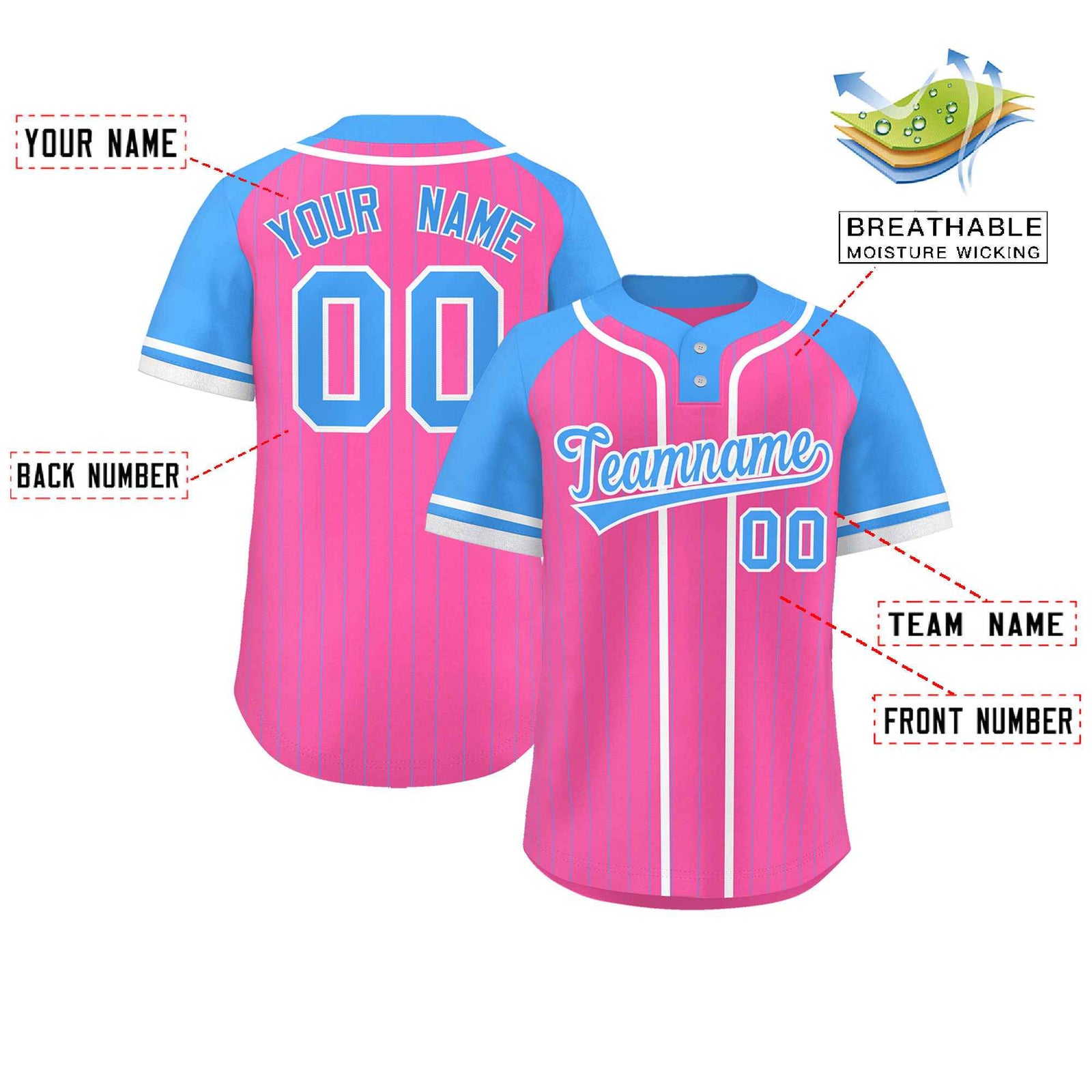 Custom Pink Powder Blue-White Stripe Fashion Raglan Sleeves Authentic Two-Button Softball Jersey