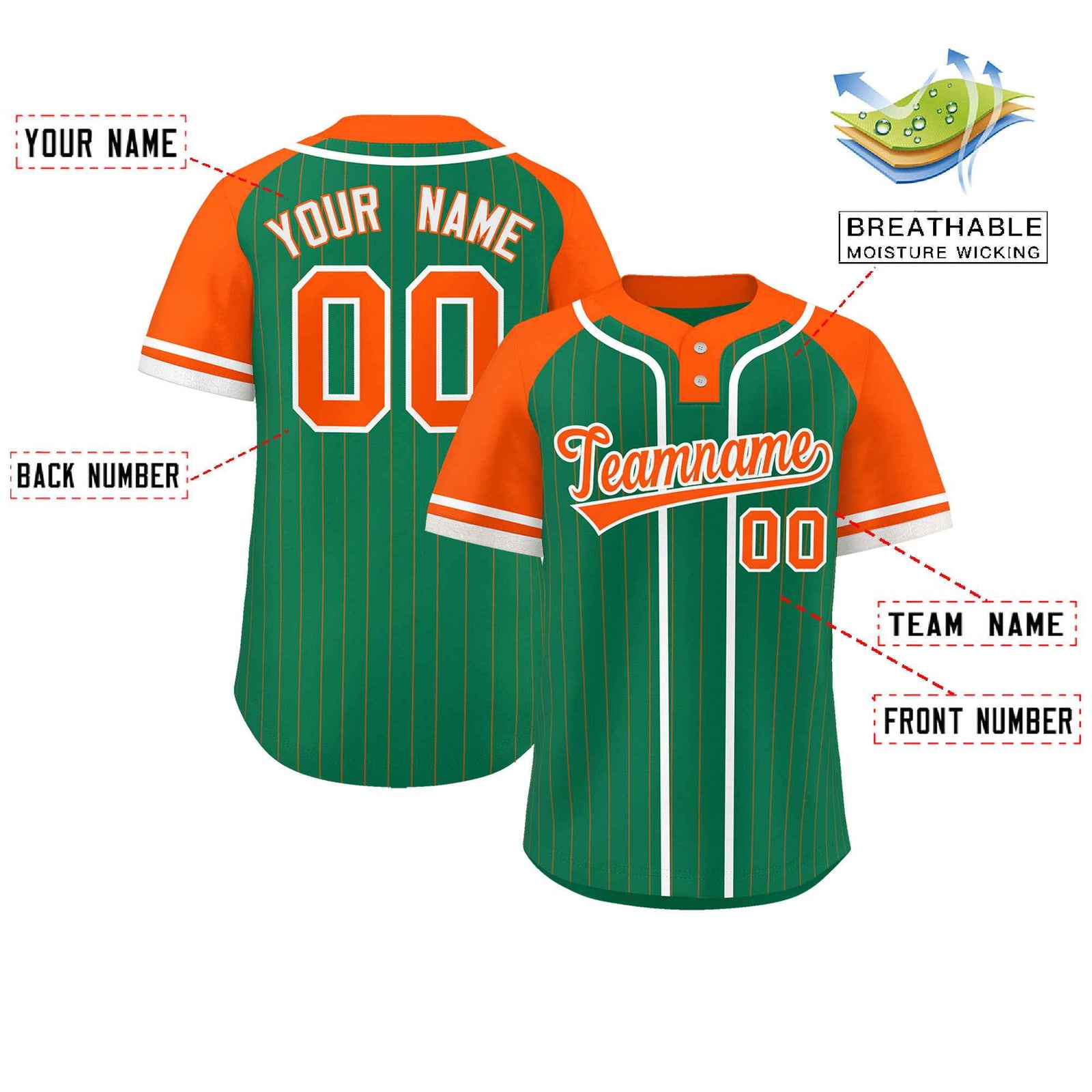 Custom Kelly Green Orange-White Stripe Fashion Raglan Sleeves Authentic Two-Button Softball Jersey