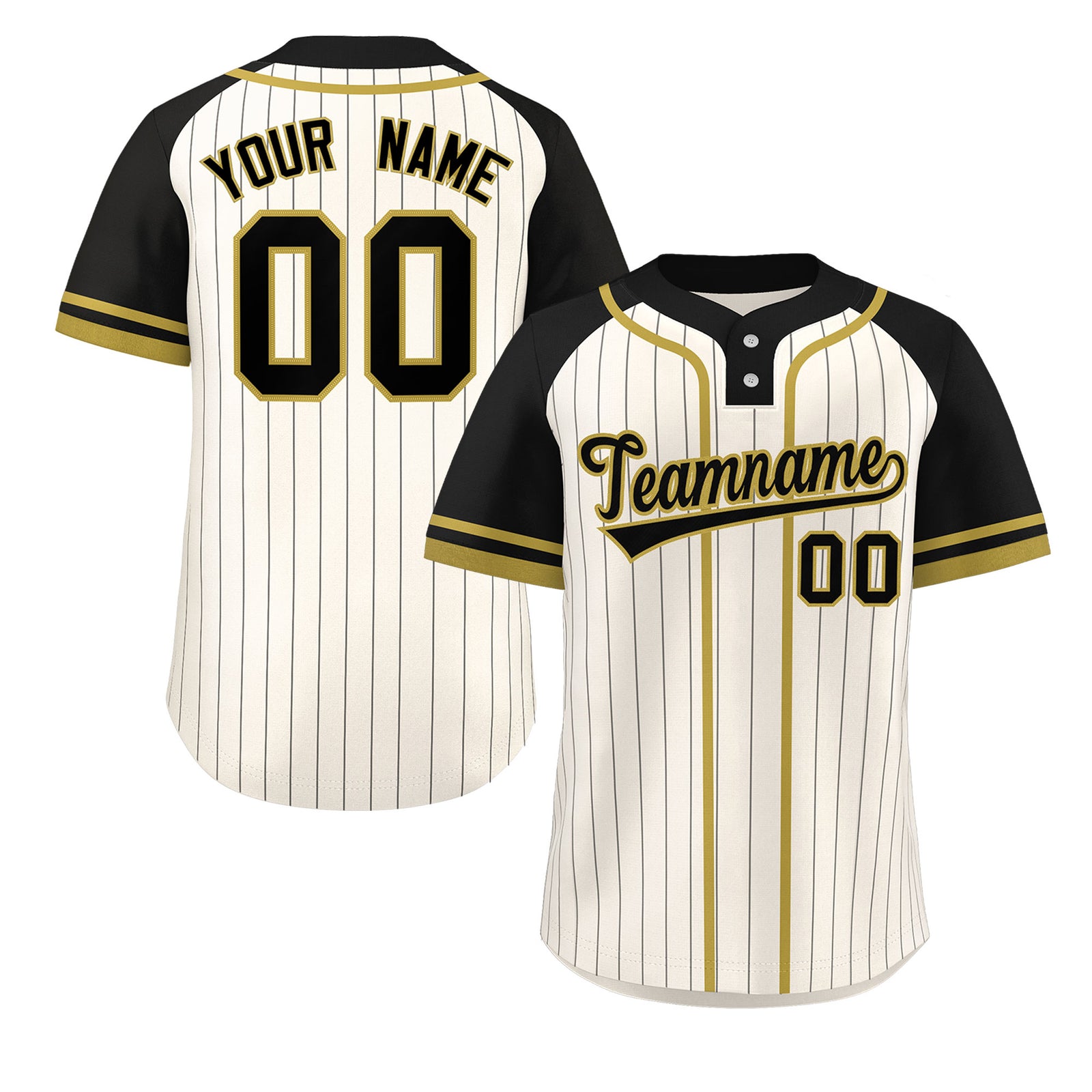 Custom Cream Black-Old Gold Stripe Fashion Raglan Sleeves Authentic Two-Button Softball Jersey