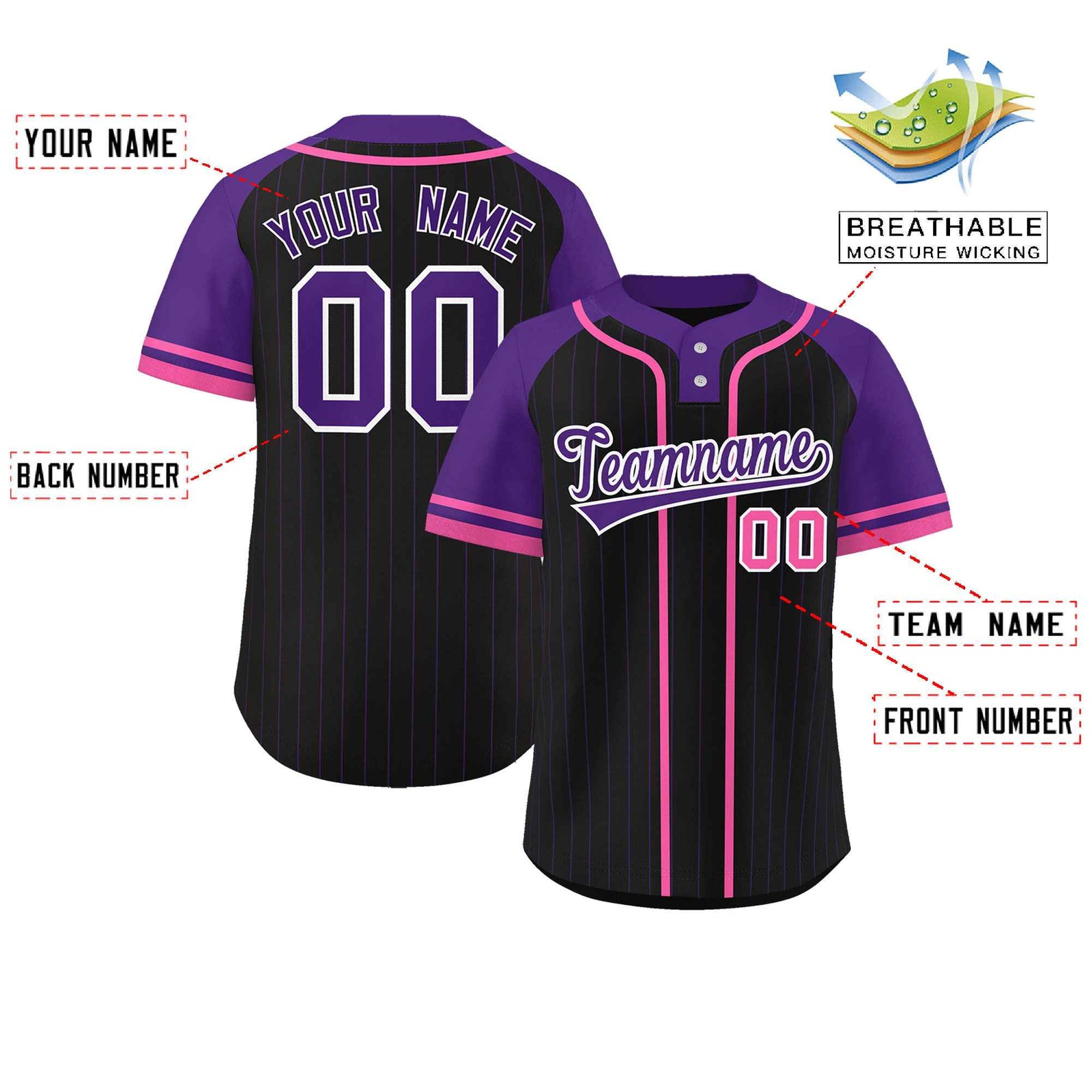 Custom Black Purple-Pink Stripe Fashion Raglan Sleeves Authentic Two-Button Softball Jersey