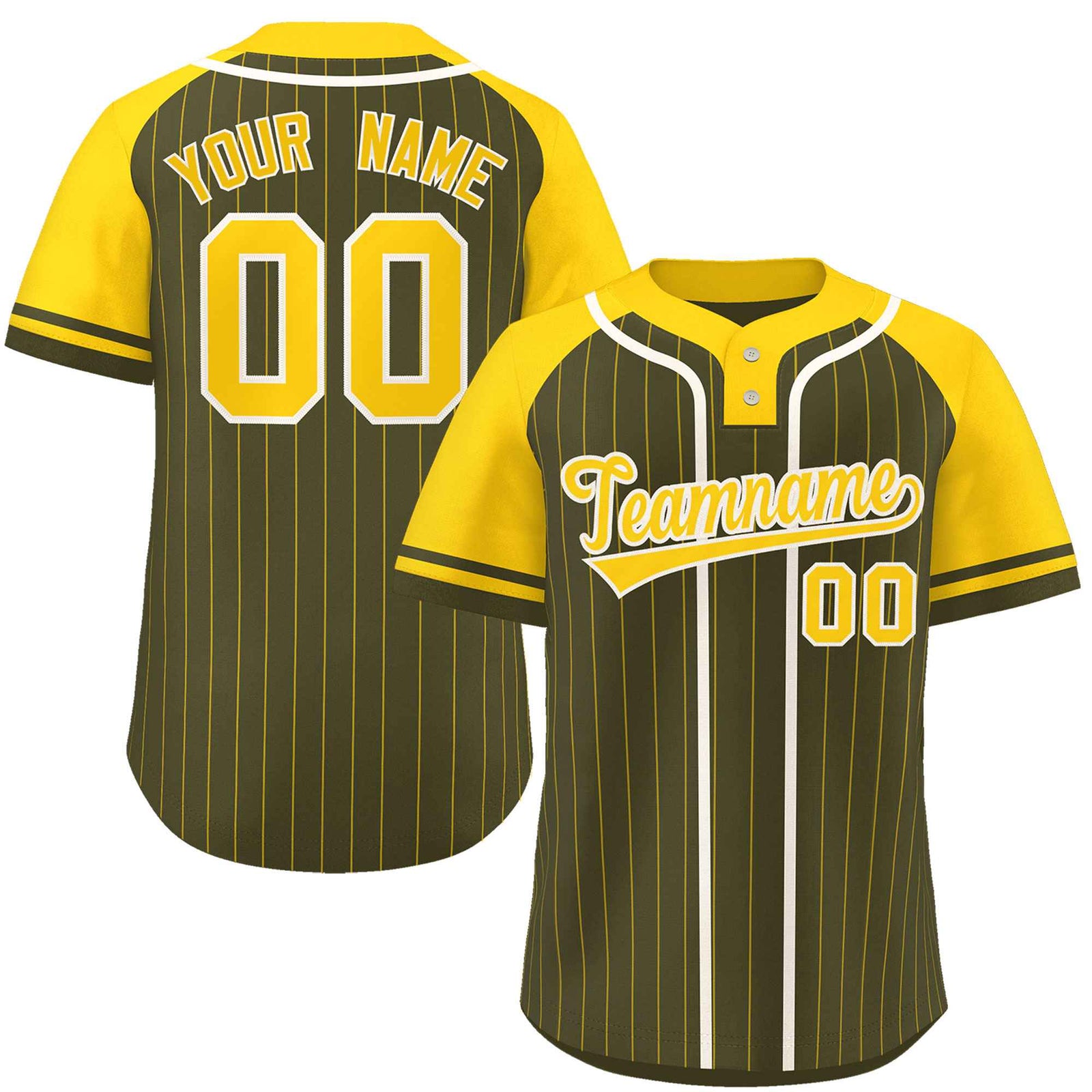 Custom Olive Gold-White Stripe Fashion Raglan Sleeves Authentic Two-Button Softball Jersey
