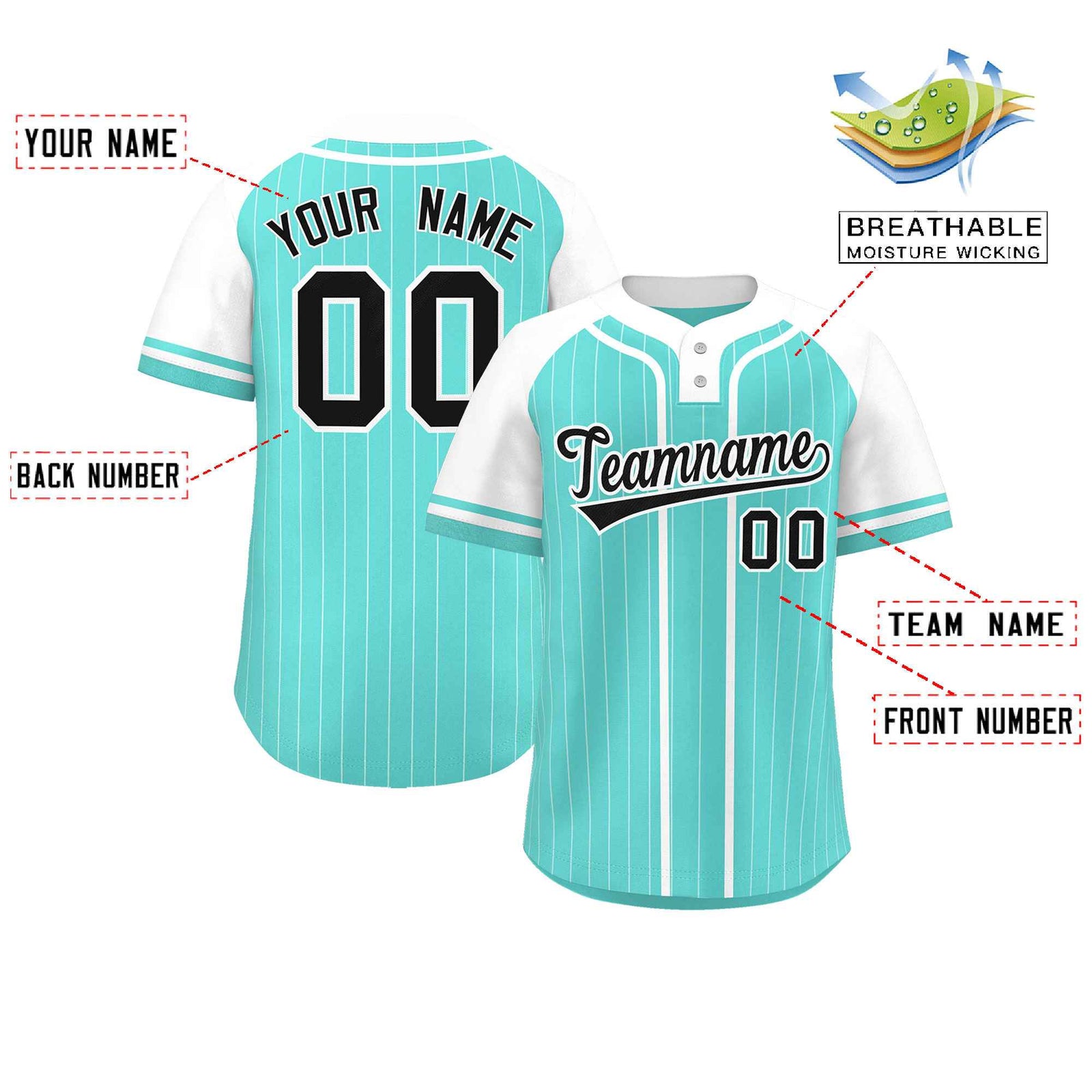 Custom Aqua White Stripe Fashion Raglan Sleeves Authentic Two-Button Softball Jersey