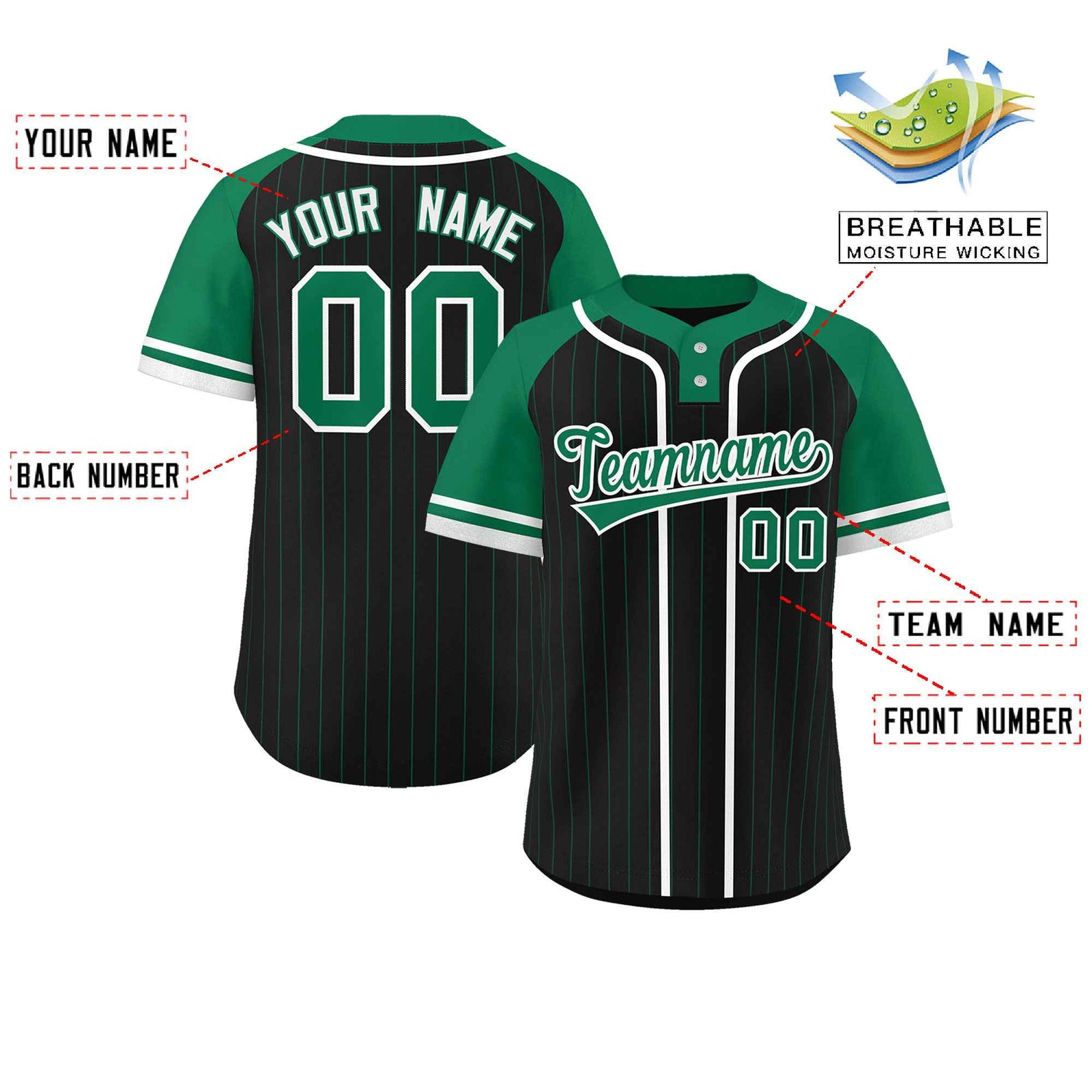 Custom Black Kelly Green-White Stripe Fashion Raglan Sleeves Authentic Two-Button Softball Jersey