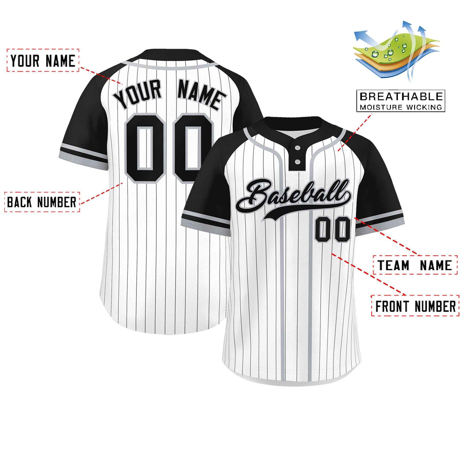 Custom White Black-Gray Stripe Fashion Raglan Sleeves Authentic Two-Button Softball Jersey