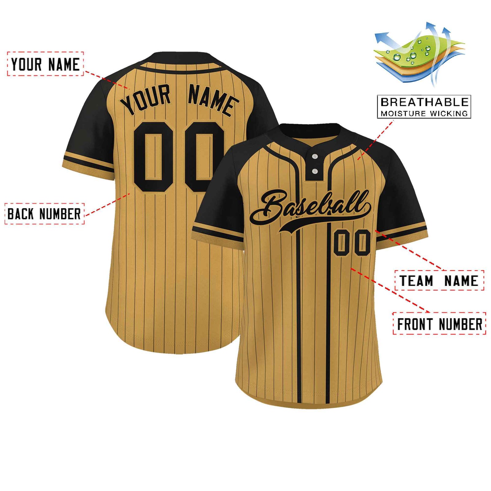 Custom Old Gold Black Stripe Fashion Raglan Sleeves Authentic Two-Button Softball Jersey