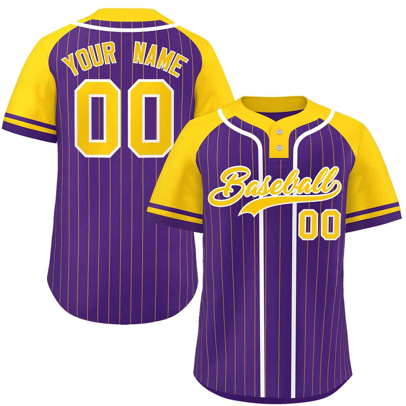 Custom Purple Gold-White Stripe Fashion Raglan Sleeves Authentic Two-Button Softball Jersey