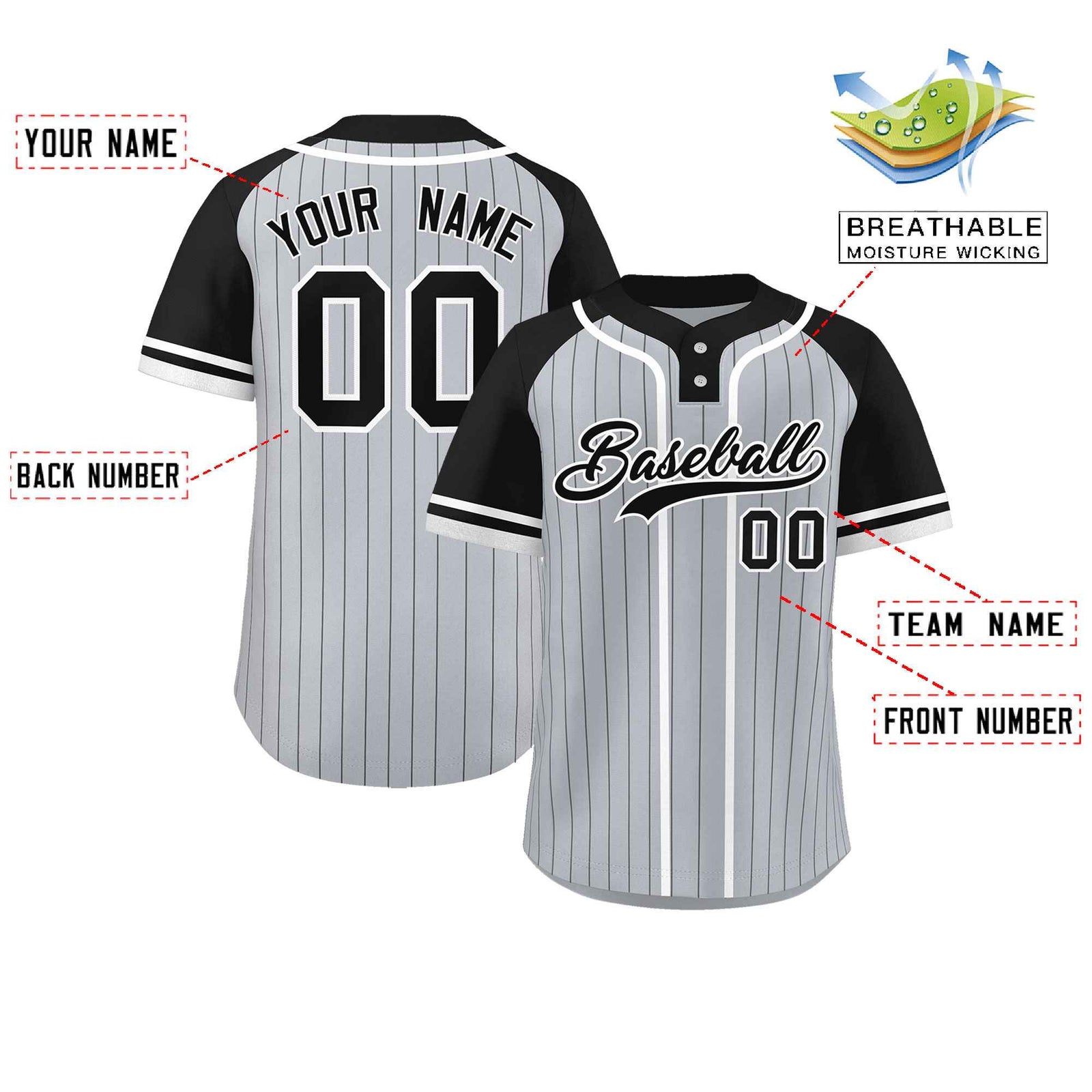 Custom Gray Black-White Stripe Fashion Raglan Sleeves Authentic Two-Button Softball Jersey