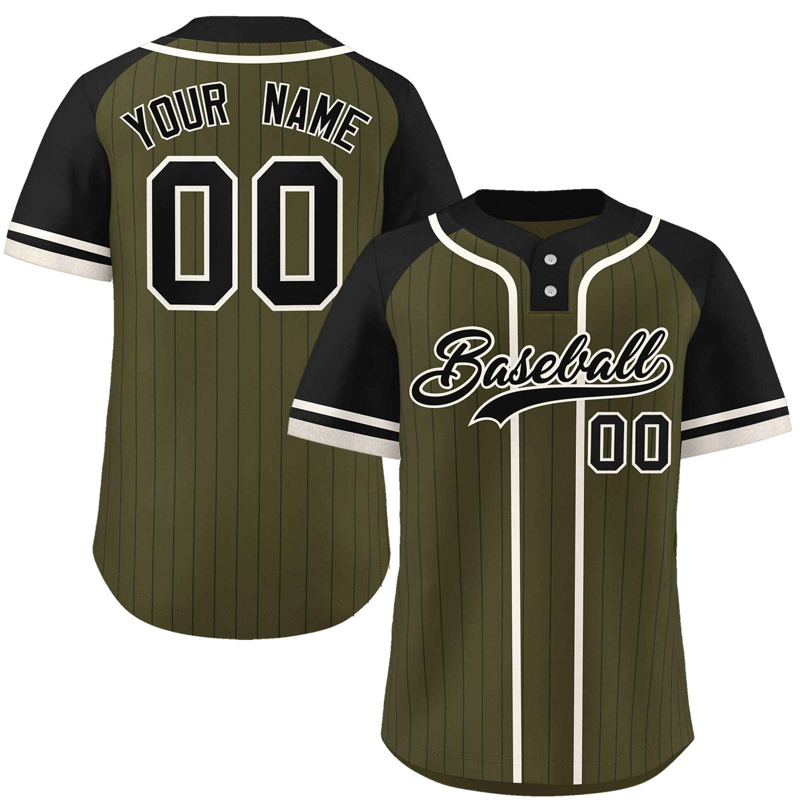 Custom Olive Black-Cream Stripe Fashion Raglan Sleeves Authentic Two-Button Softball Jersey