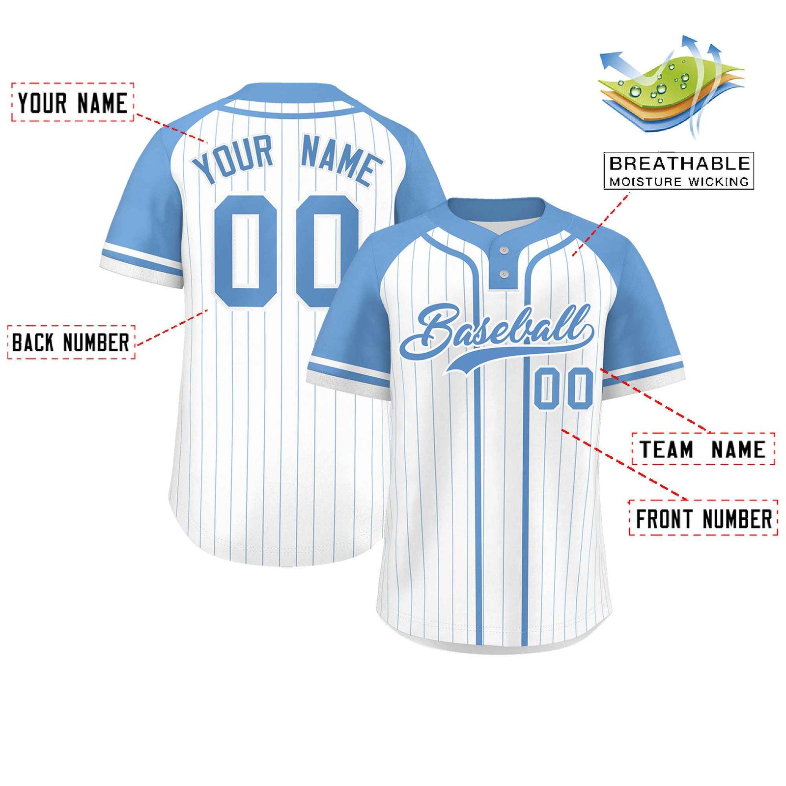 Custom White Light Blue Stripe Fashion Raglan Sleeves Authentic Two-Button Softball Jersey