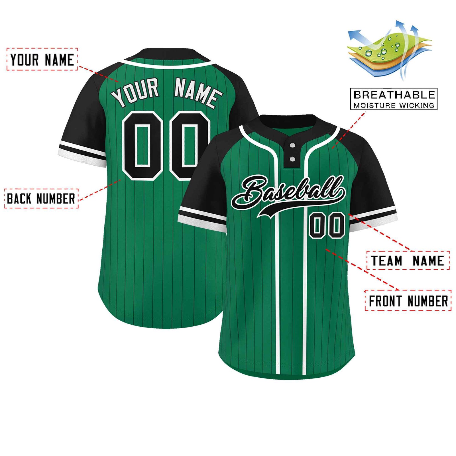 Custom Kelly Green Black-White Stripe Fashion Raglan Sleeves Authentic Two-Button Softball Jersey