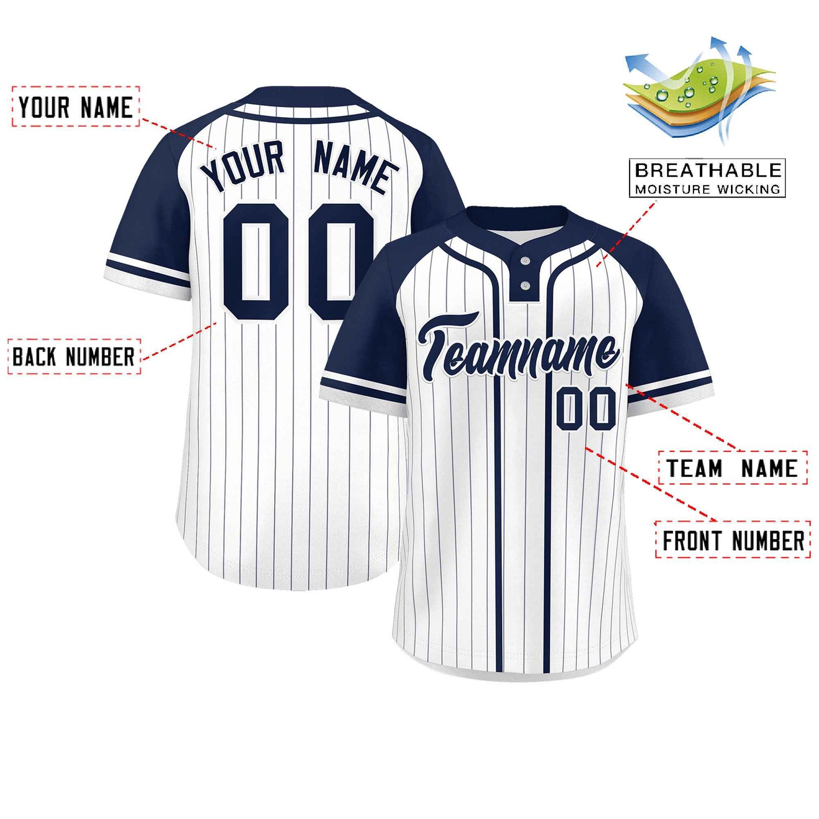 Custom White Navy Stripe Fashion Raglan Sleeves Authentic Two-Button Softball Jersey