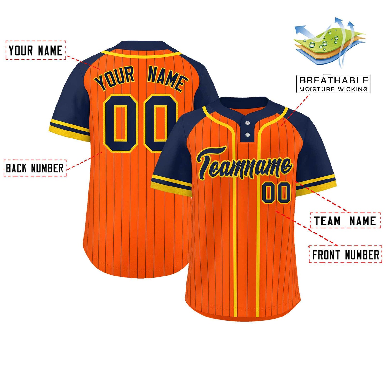 Custom Orange Navy-Gold Stripe Fashion Raglan Sleeves Authentic Two-Button Softball Jersey