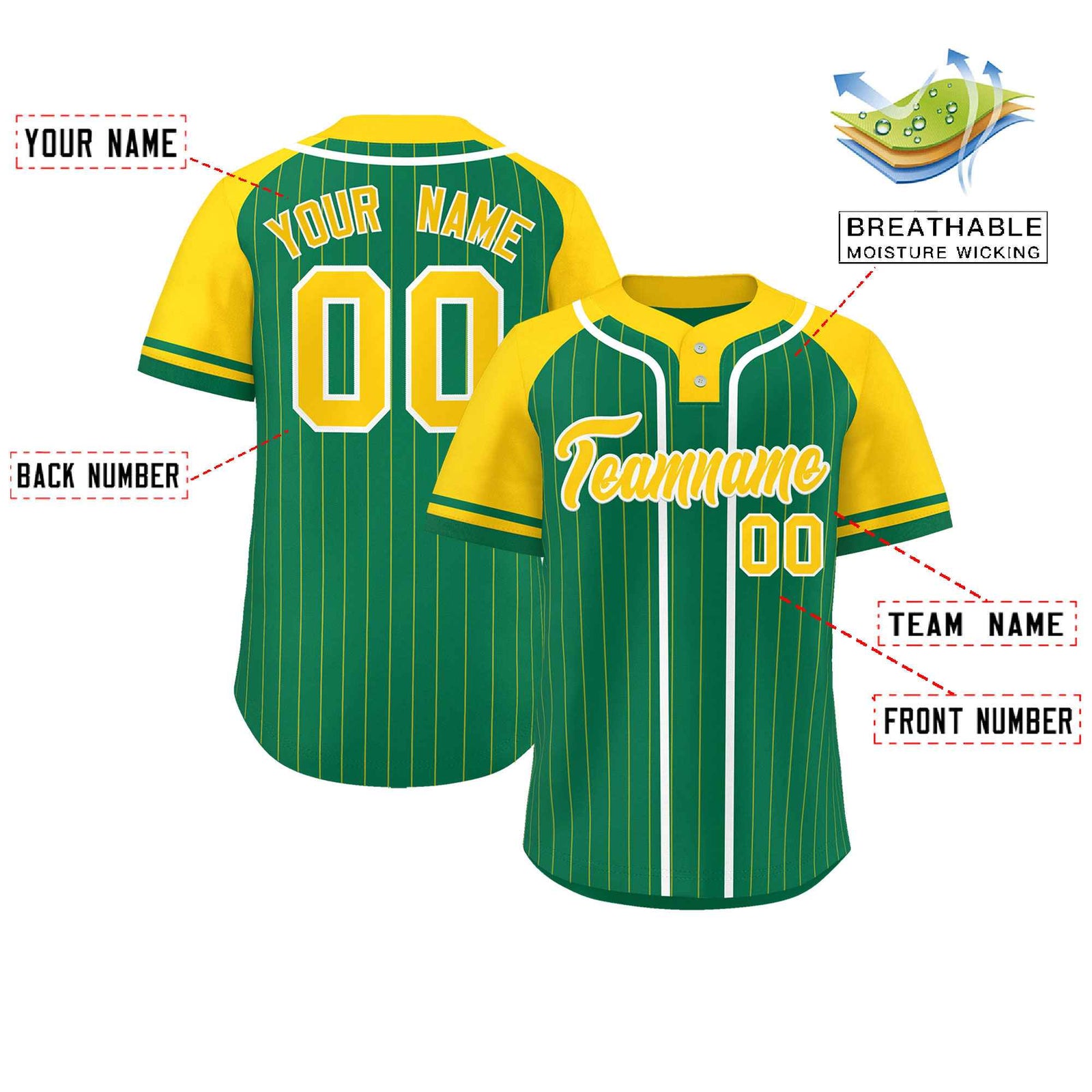Custom Kelly Green Gold-White Stripe Fashion Raglan Sleeves Authentic Two-Button Softball Jersey