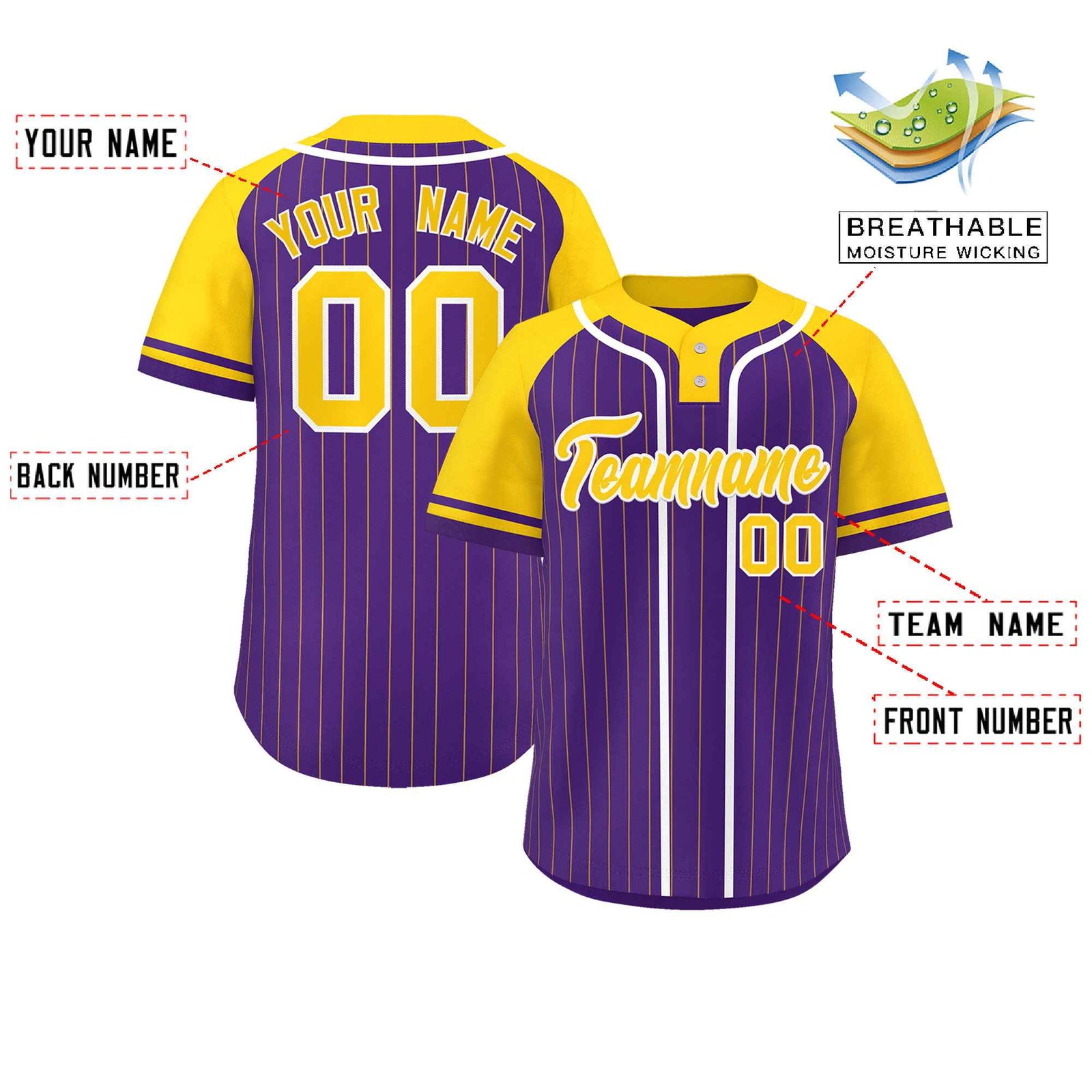 Custom Purple Gold-White Stripe Fashion Raglan Sleeves Authentic Two-Button Softball Jersey