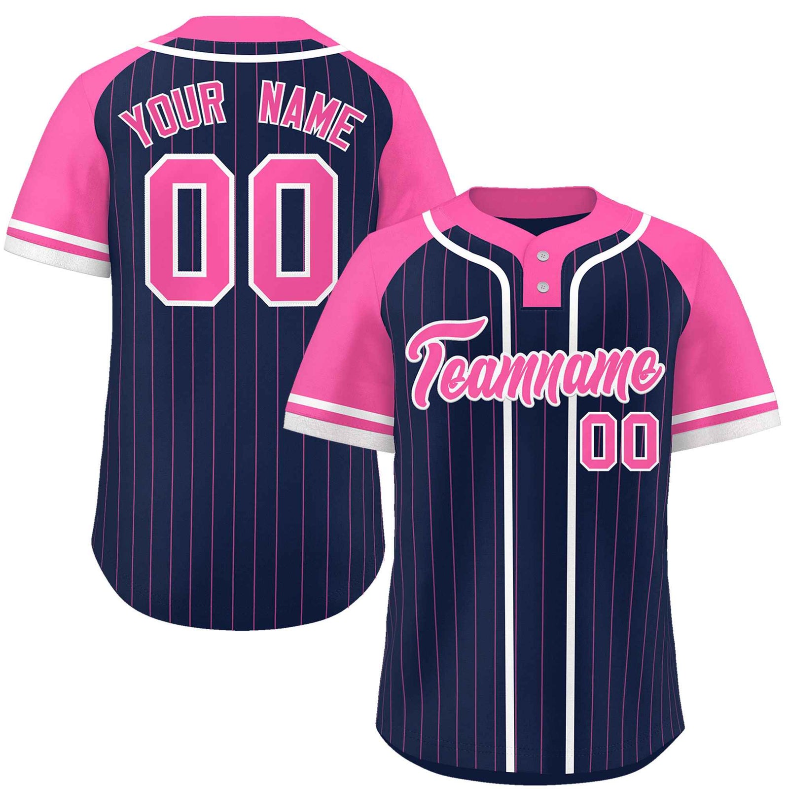 Custom Navy Pink-White Stripe Fashion Raglan Sleeves Authentic Two-Button Softball Jersey