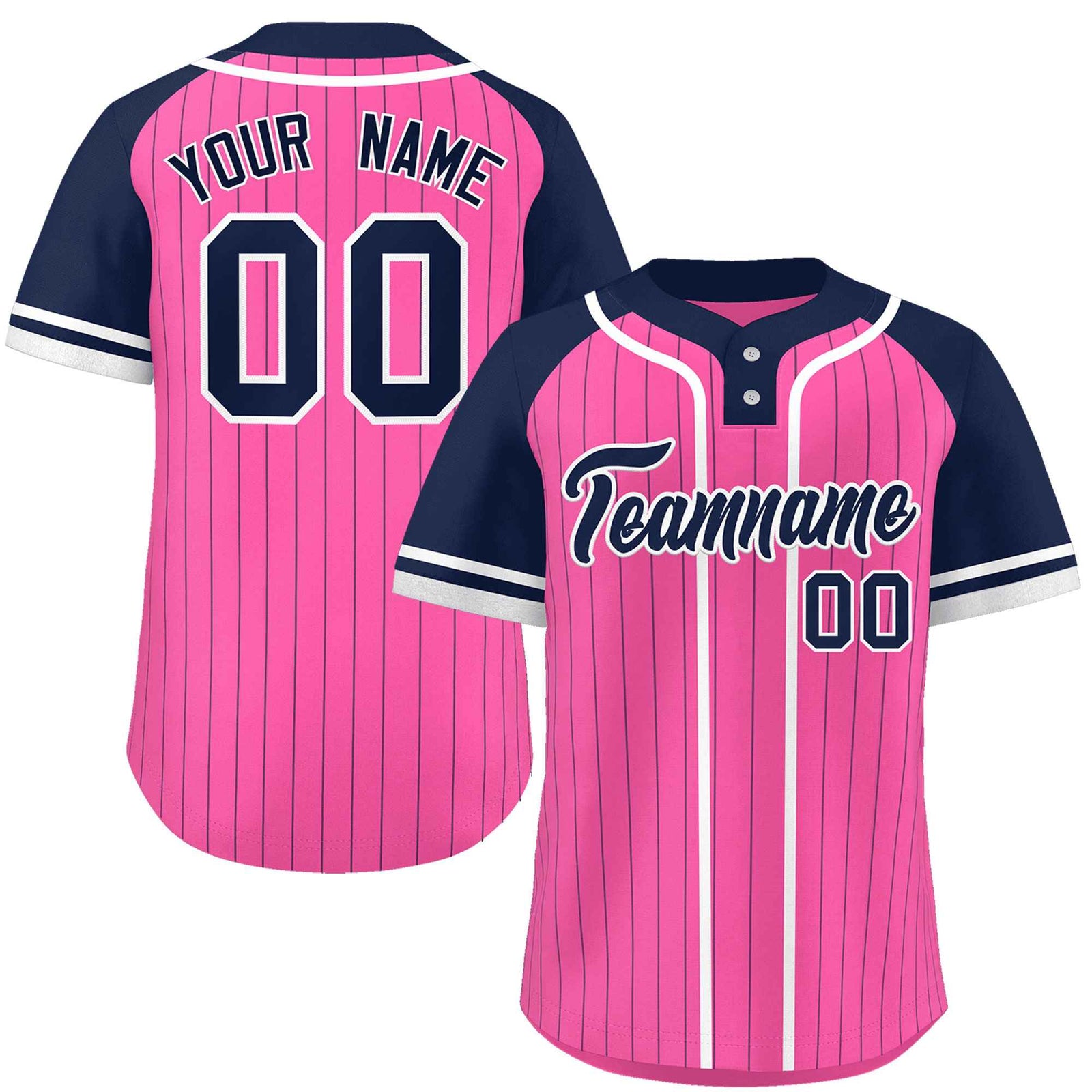 Custom Pink Navy-White Stripe Fashion Raglan Sleeves Authentic Two-Button Softball Jersey