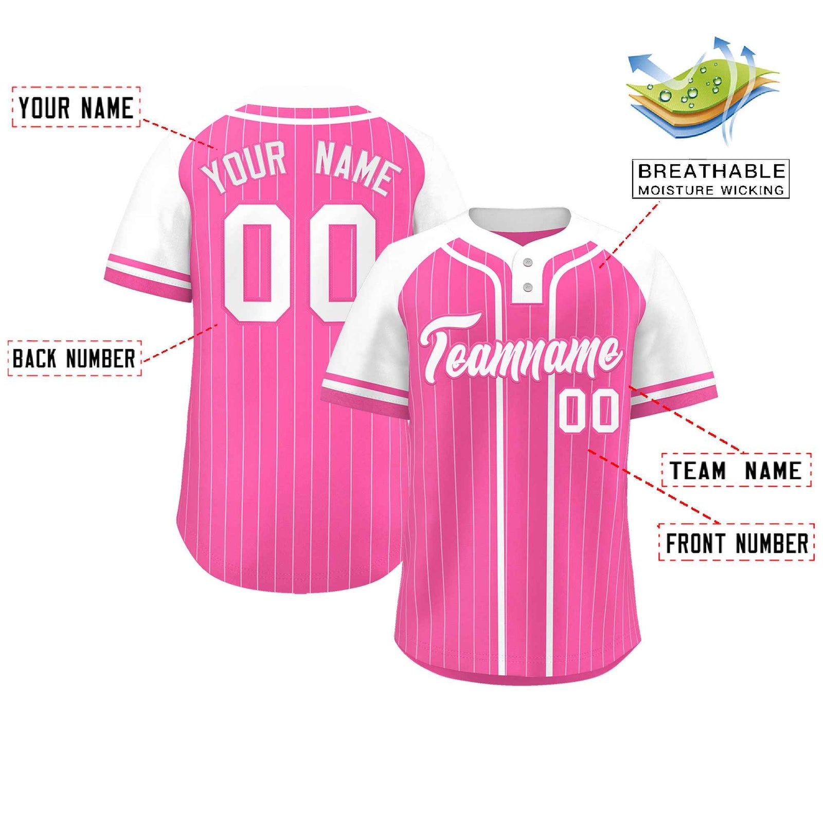 Custom Pink White Stripe Fashion Raglan Sleeves Authentic Two-Button Softball Jersey