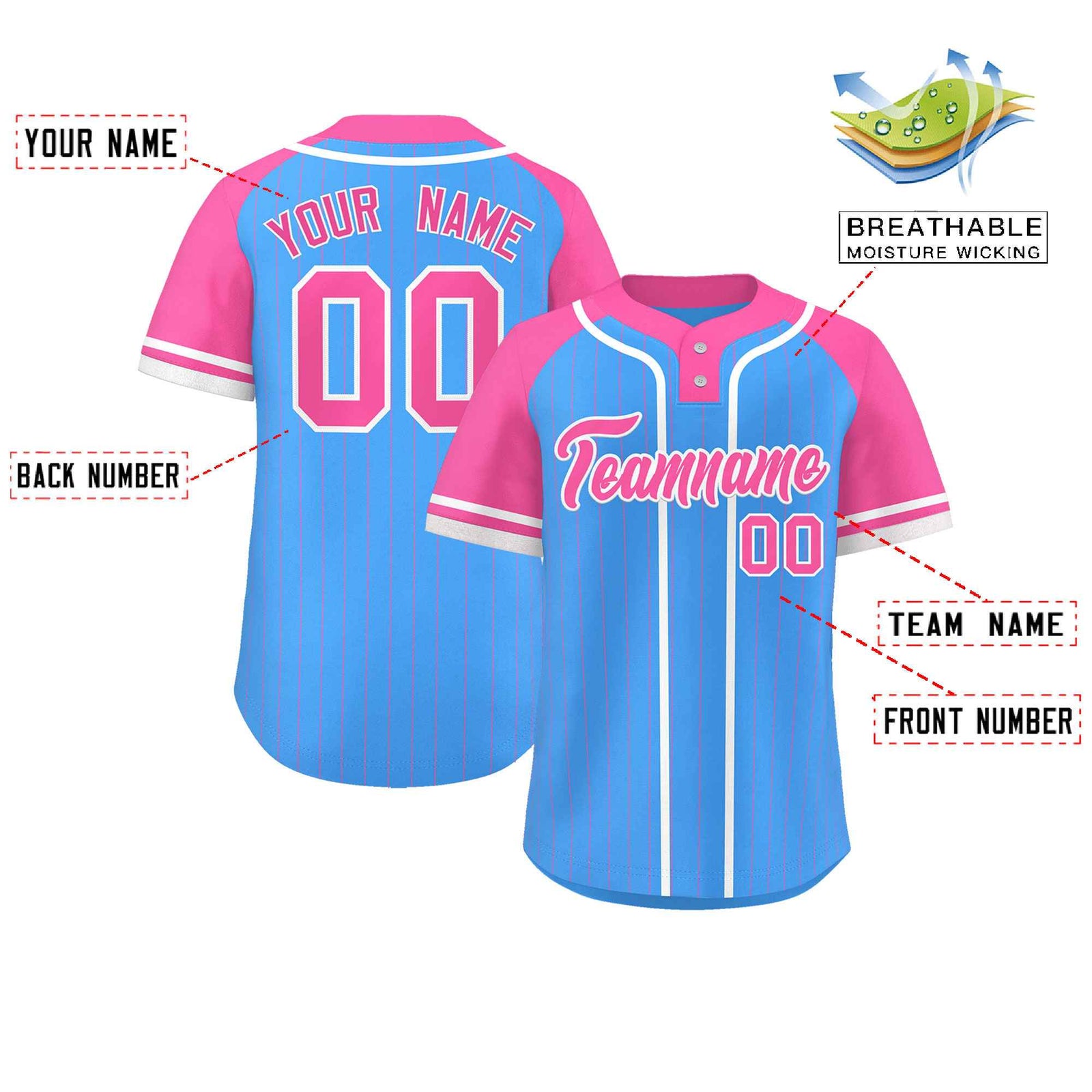Custom Powder Blue Pink-White Stripe Fashion Raglan Sleeves Authentic Two-Button Softball Jersey