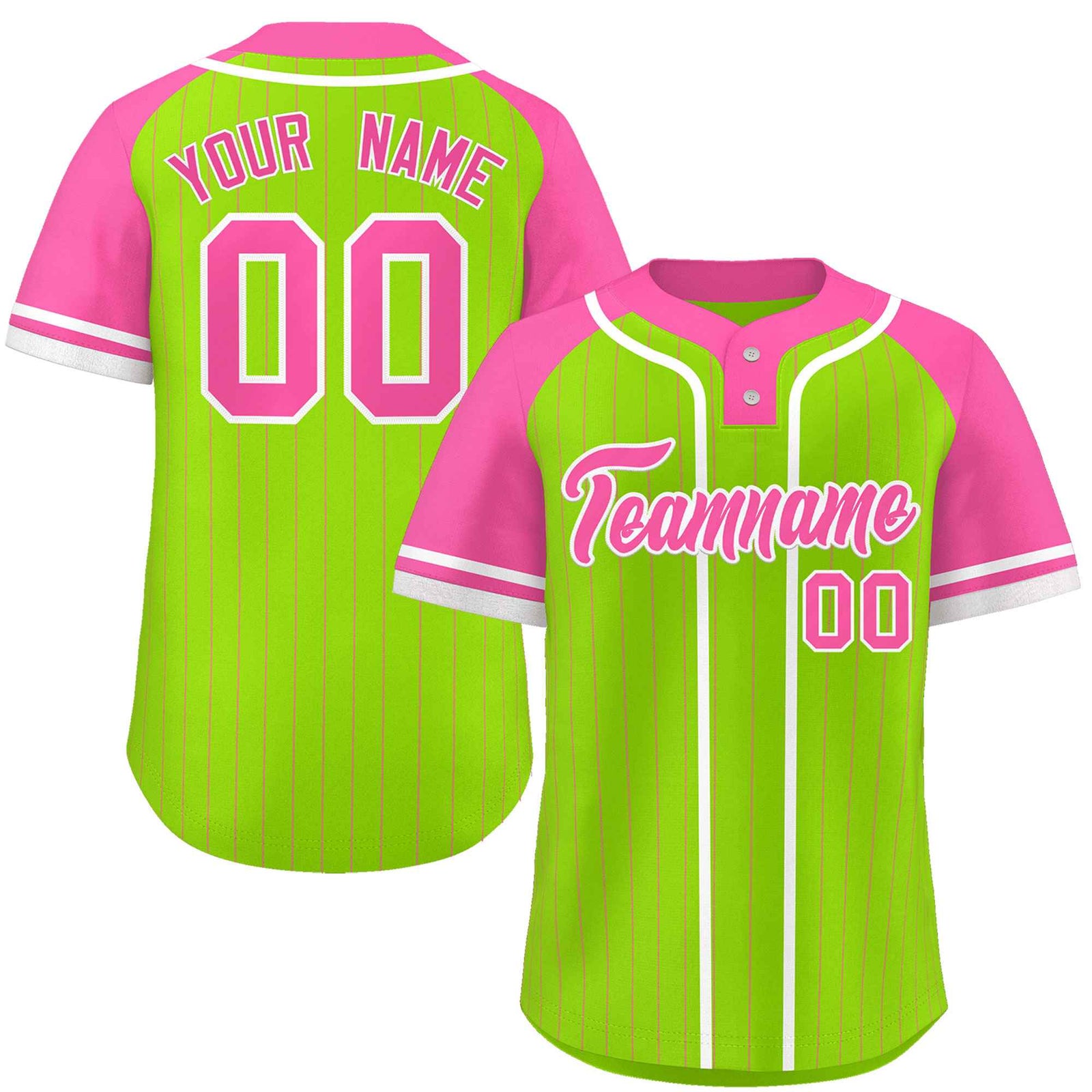 Custom Neon Green Pink-White Stripe Fashion Raglan Sleeves Authentic Two-Button Softball Jersey