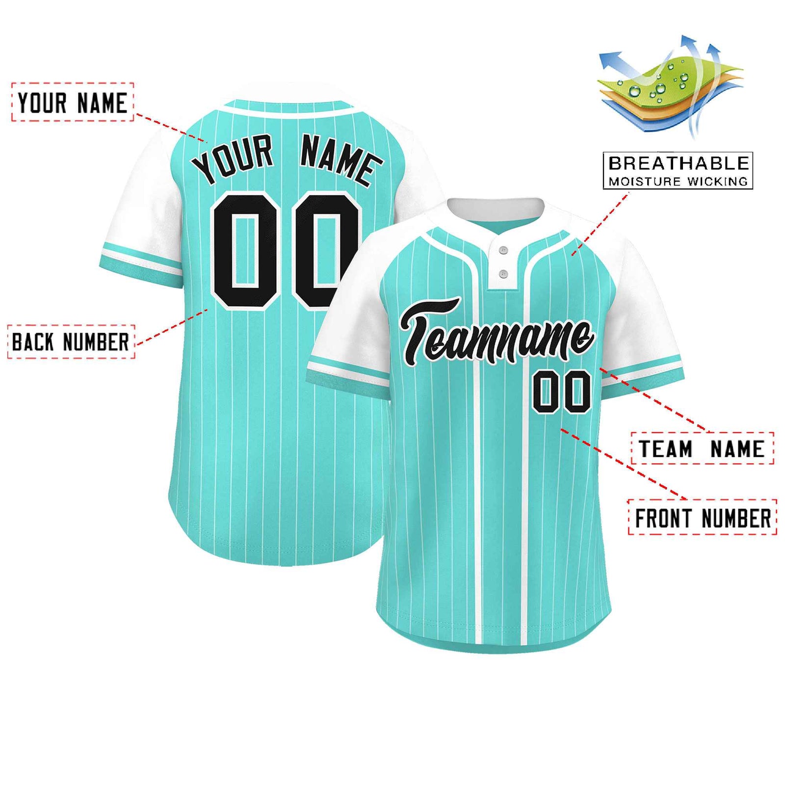 Custom Aqua White Stripe Fashion Raglan Sleeves Authentic Two-Button Softball Jersey
