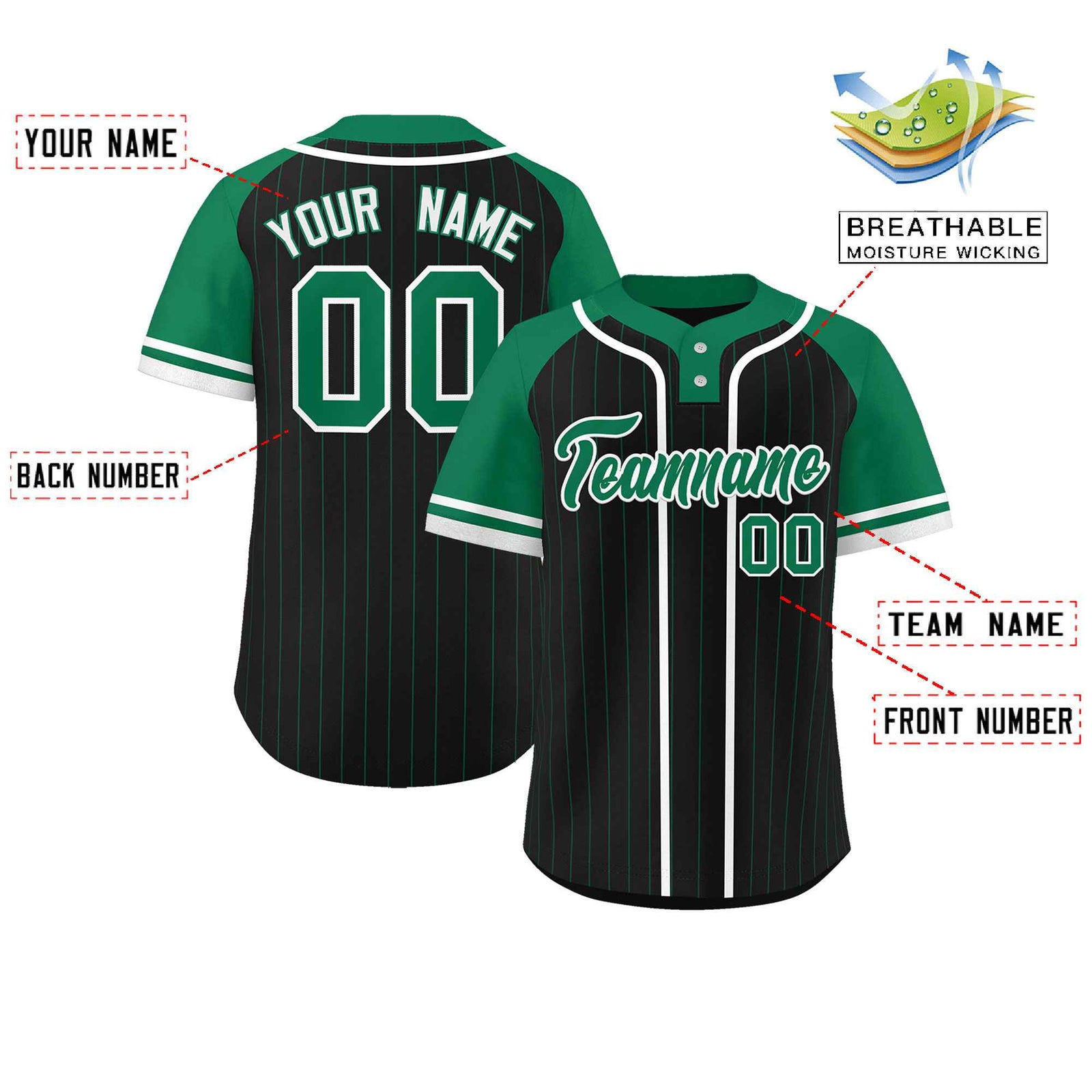 Custom Black Kelly Green-White Stripe Fashion Raglan Sleeves Authentic Two-Button Softball Jersey