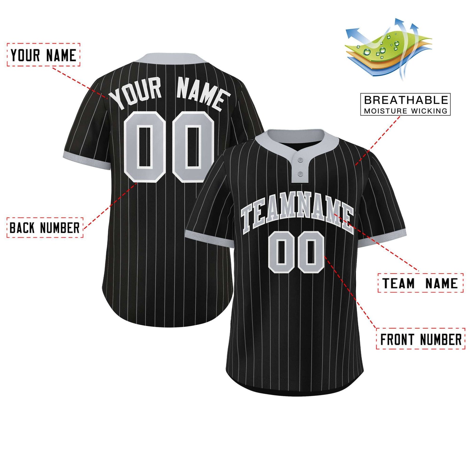 Custom Black Gray Stripe Fashion Authentic Two-Button Softball Jersey