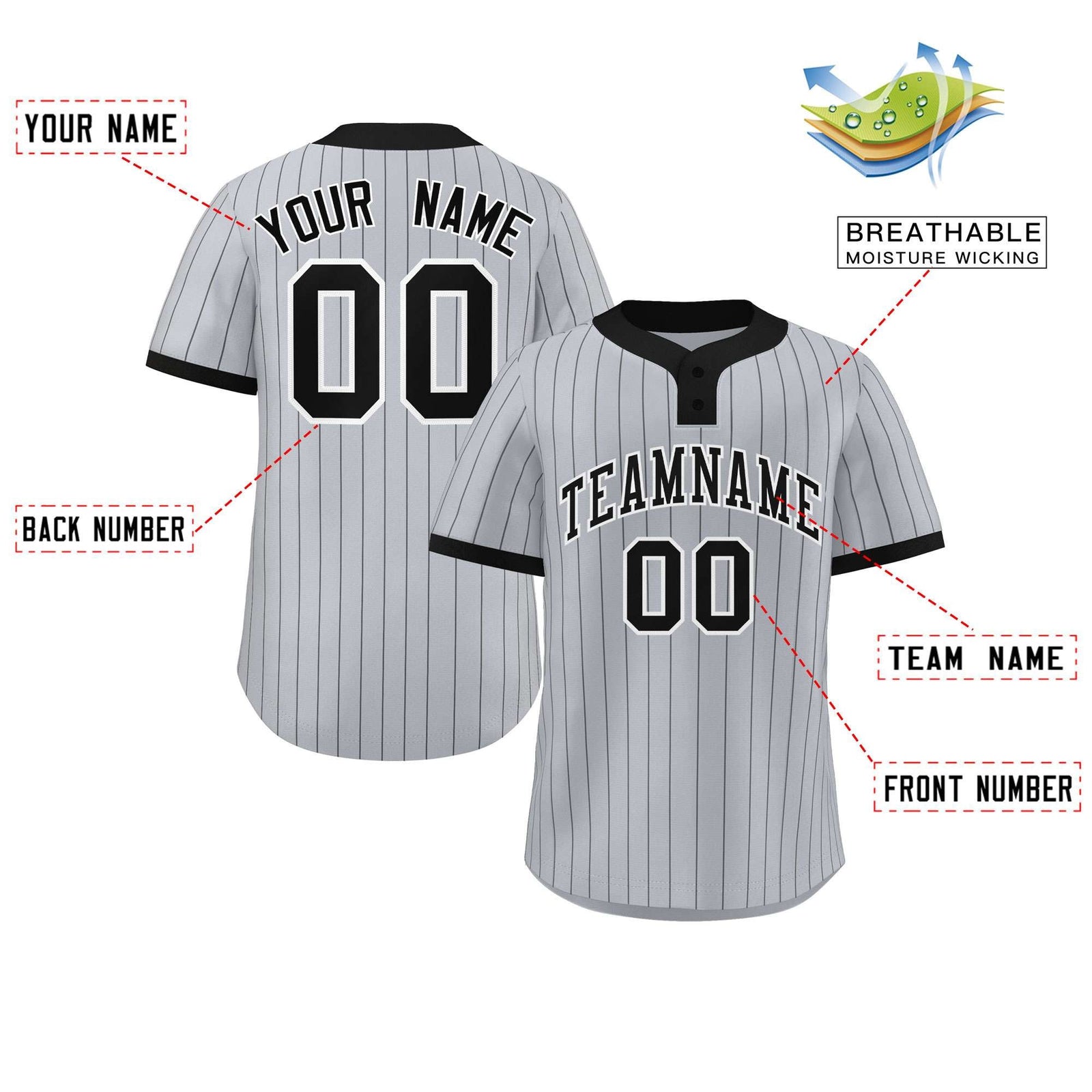 Custom Gray Black Stripe Fashion Authentic Two-Button Softball Jersey