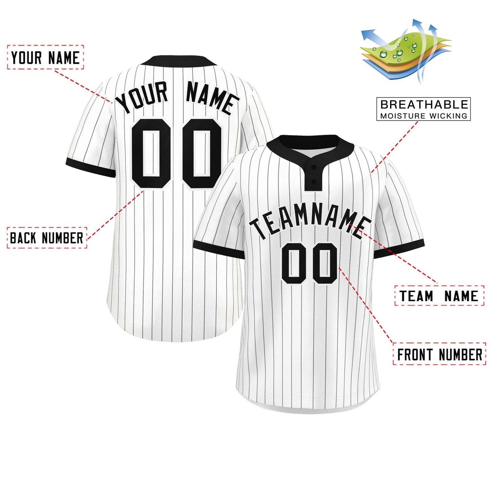 Custom White Black Stripe Fashion Authentic Two-Button Softball Jersey