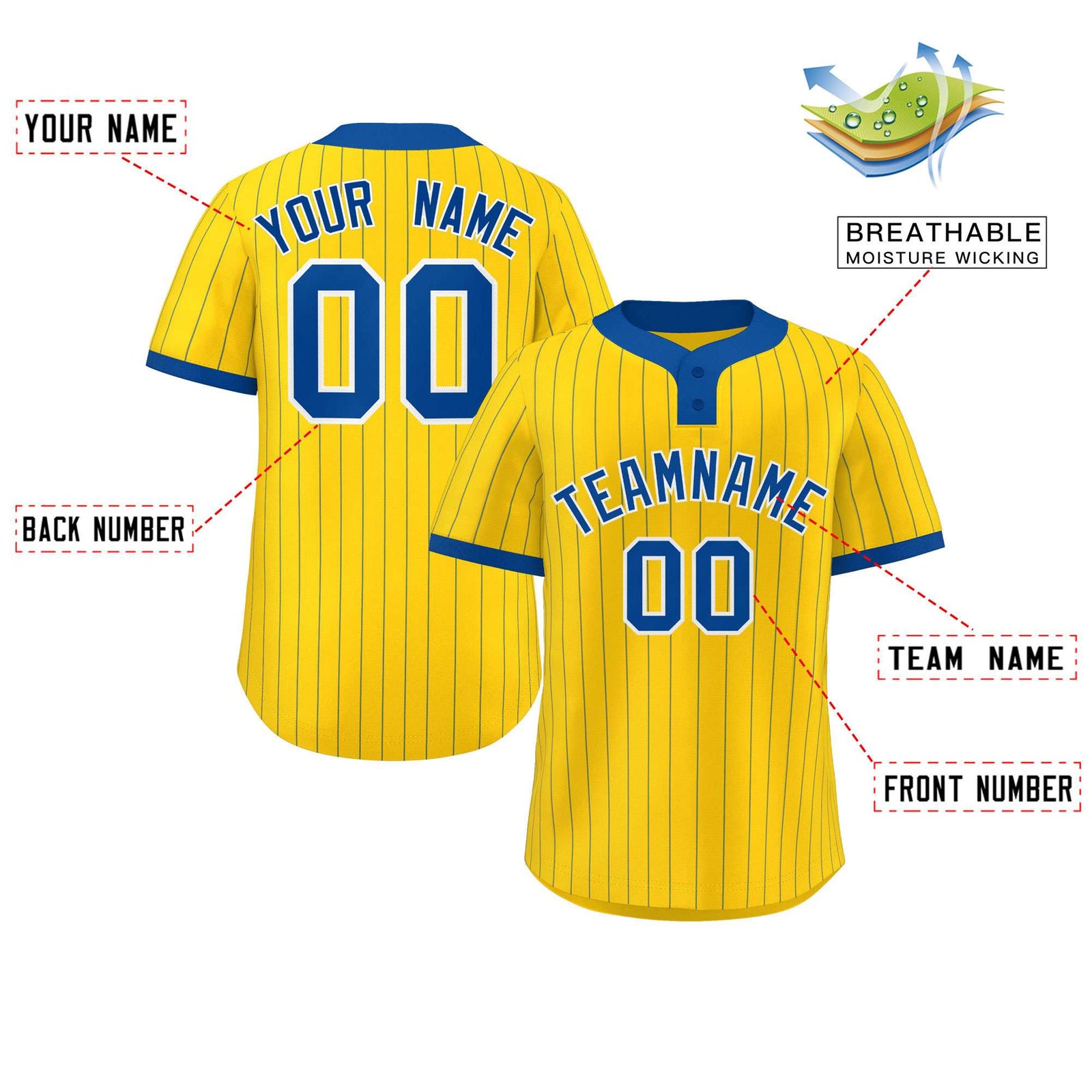 Custom Gold Royal Stripe Fashion Authentic Two-Button Softball Jersey