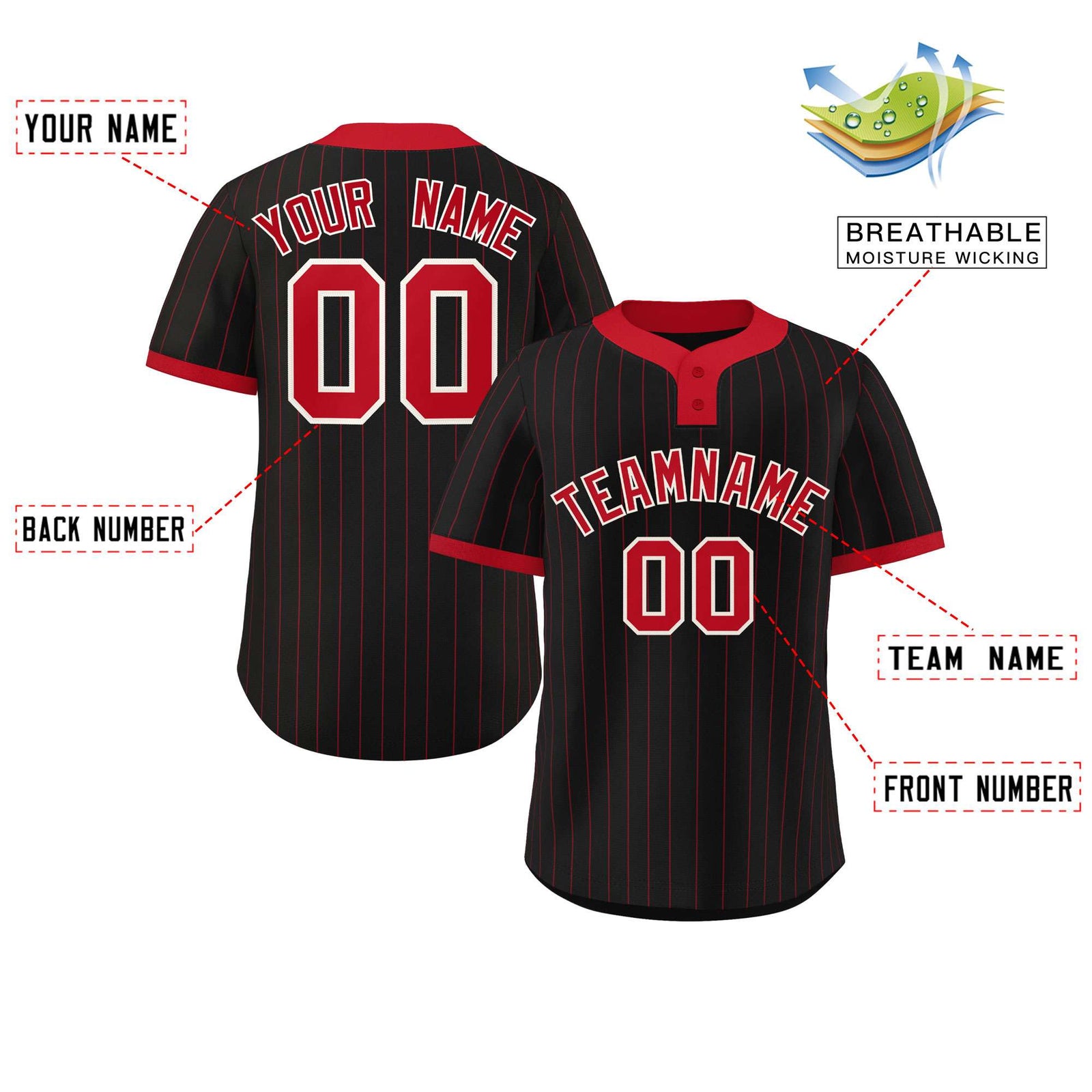 Custom Black Red Stripe Fashion Authentic Two-Button Softball Jersey